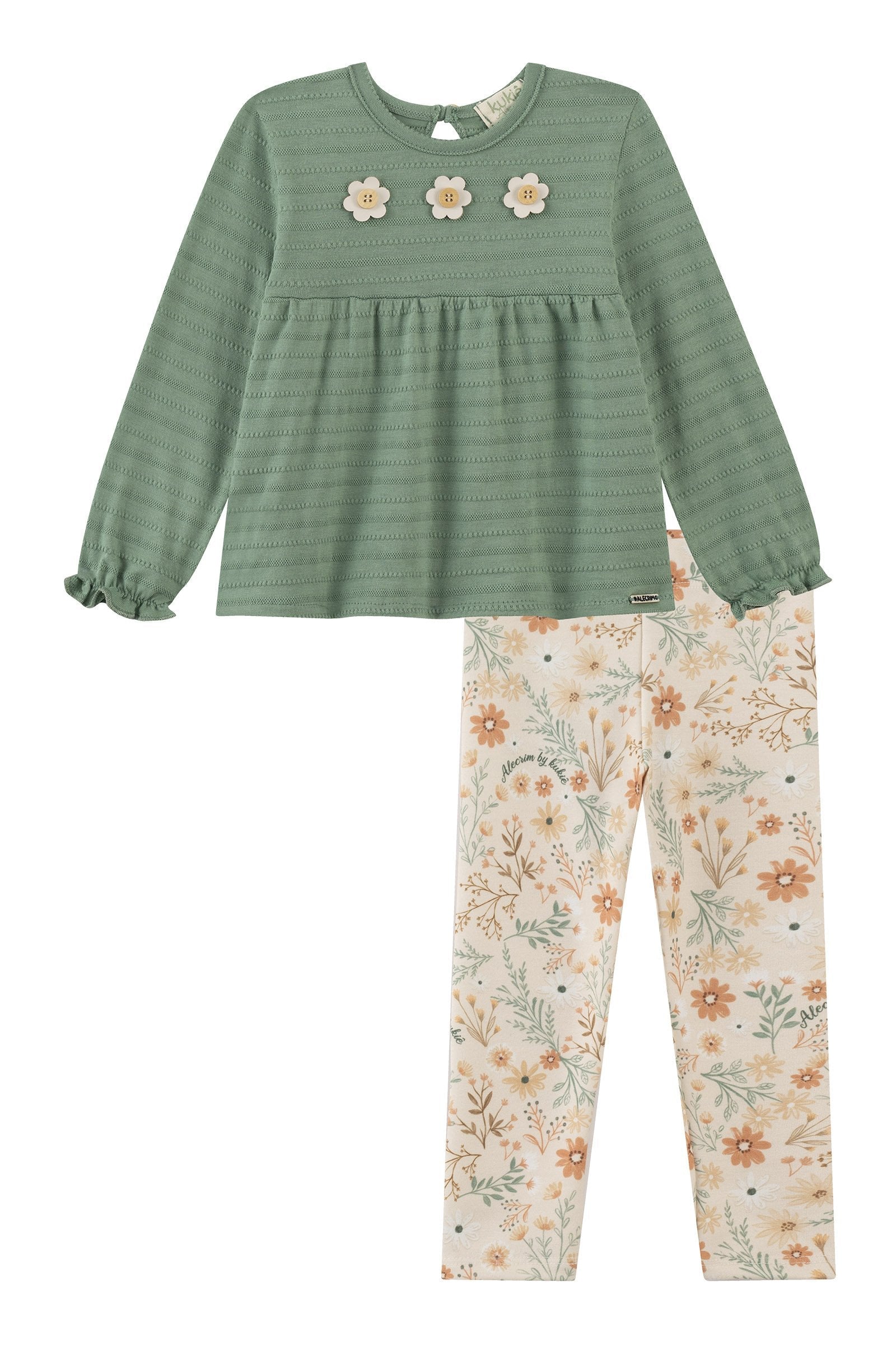 Conjunto de Bata em Malha Textura e Calça Legging em Moletocotton 90312 Kukiê Bebê Menina