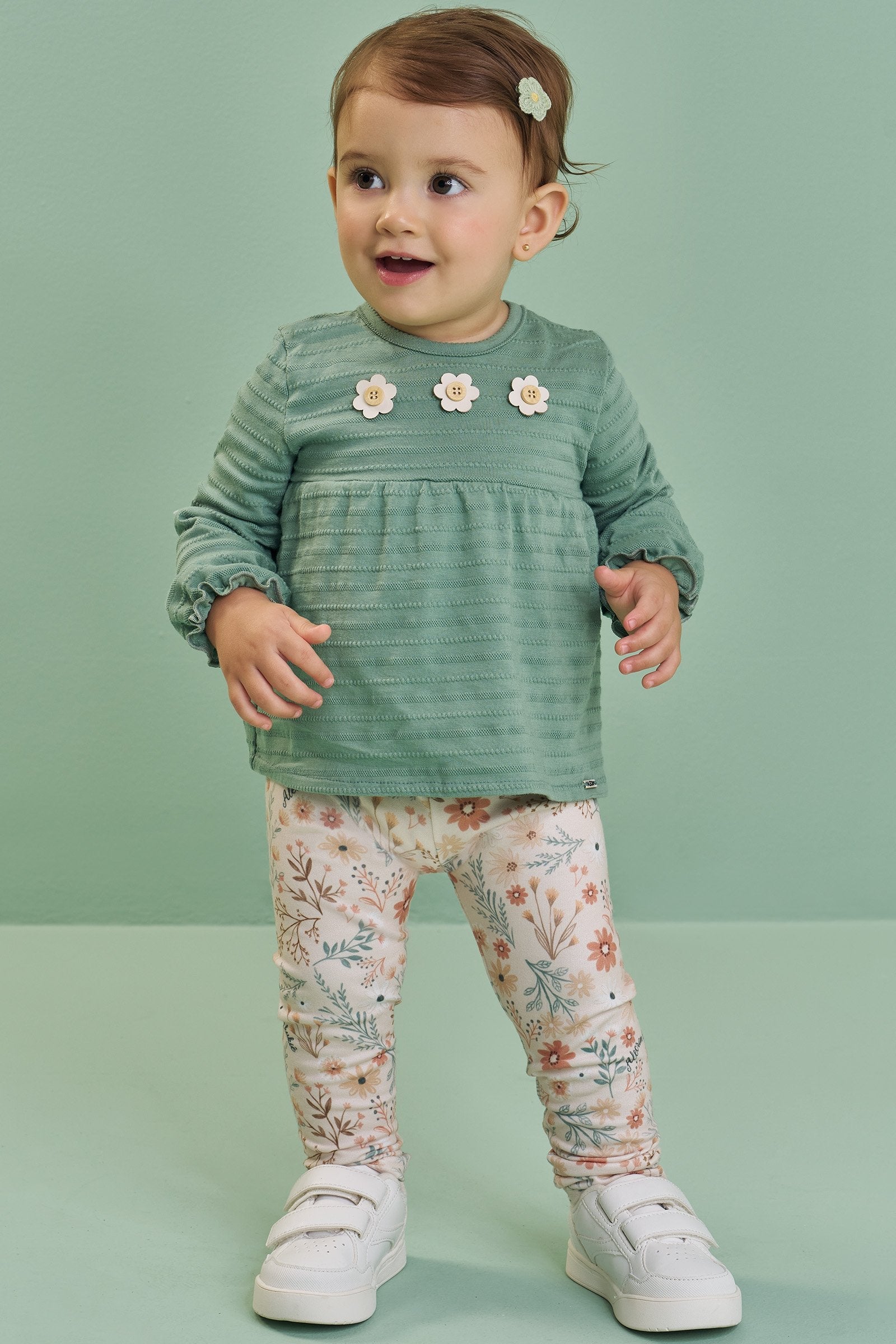 Conjunto de Bata em Malha Textura e Calça Legging em Moletocotton 90312 Kukiê Bebê Menina