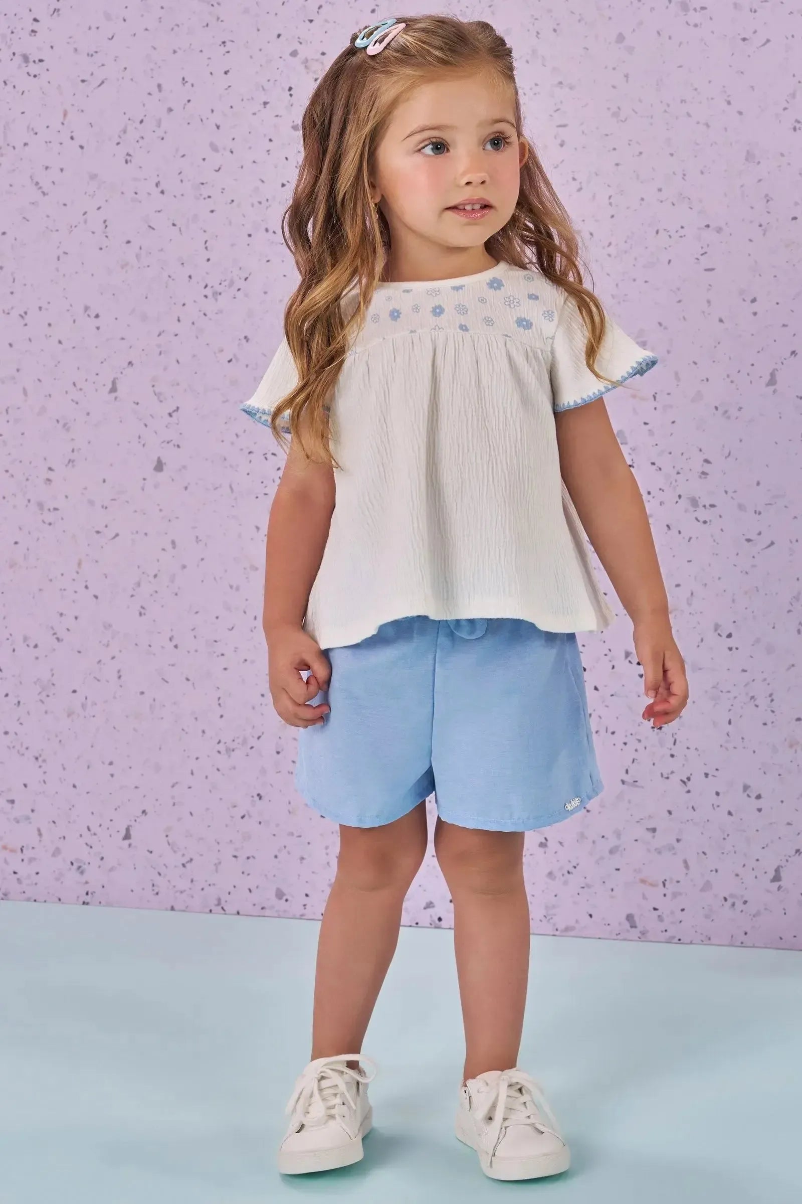 Conjunto de Bata em Malha Wave e Shorts em Tricoline Cotton 86815 Kukiê Bebê Menina