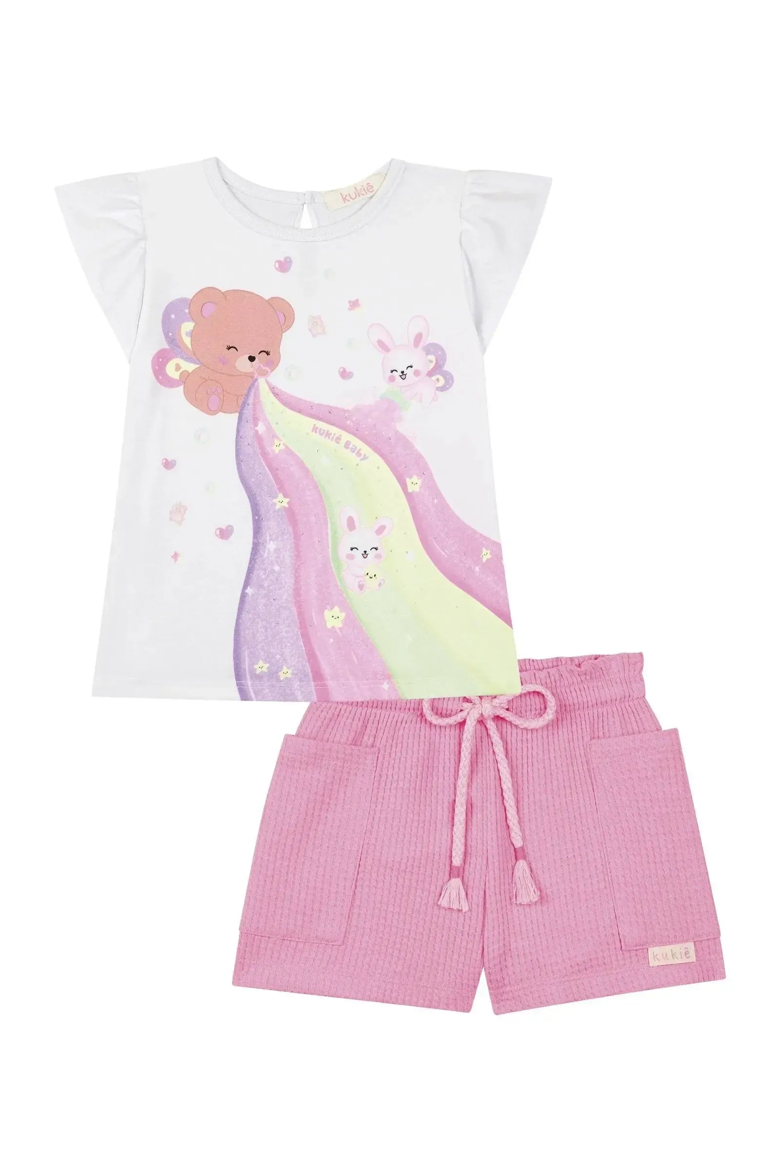 Conjunto de Bata em Meia Malha e Shorts em Malha Big Waffle 87263 Kukiê Bebê Menina