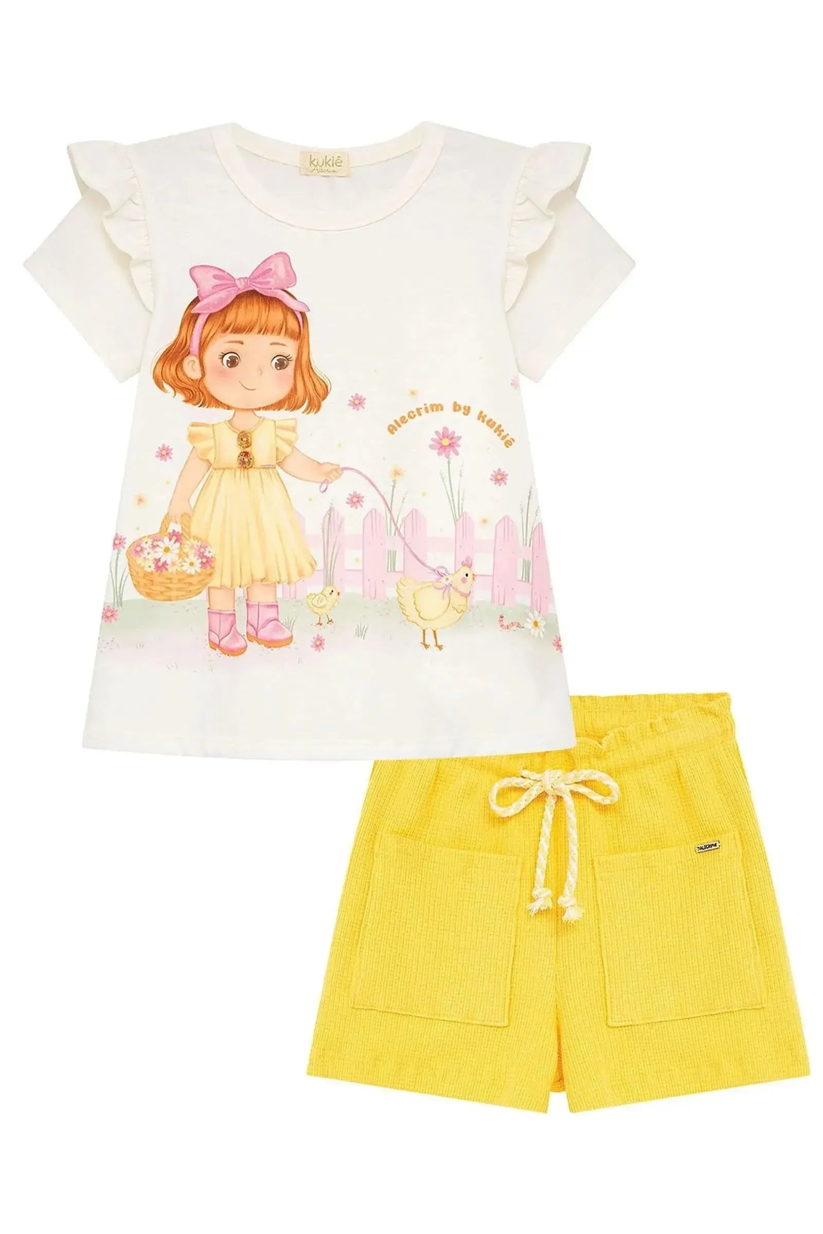 Conjunto de Bata em Meia Malha e Shorts em Malha Waffle 96020 Kukiê Infantil Menina