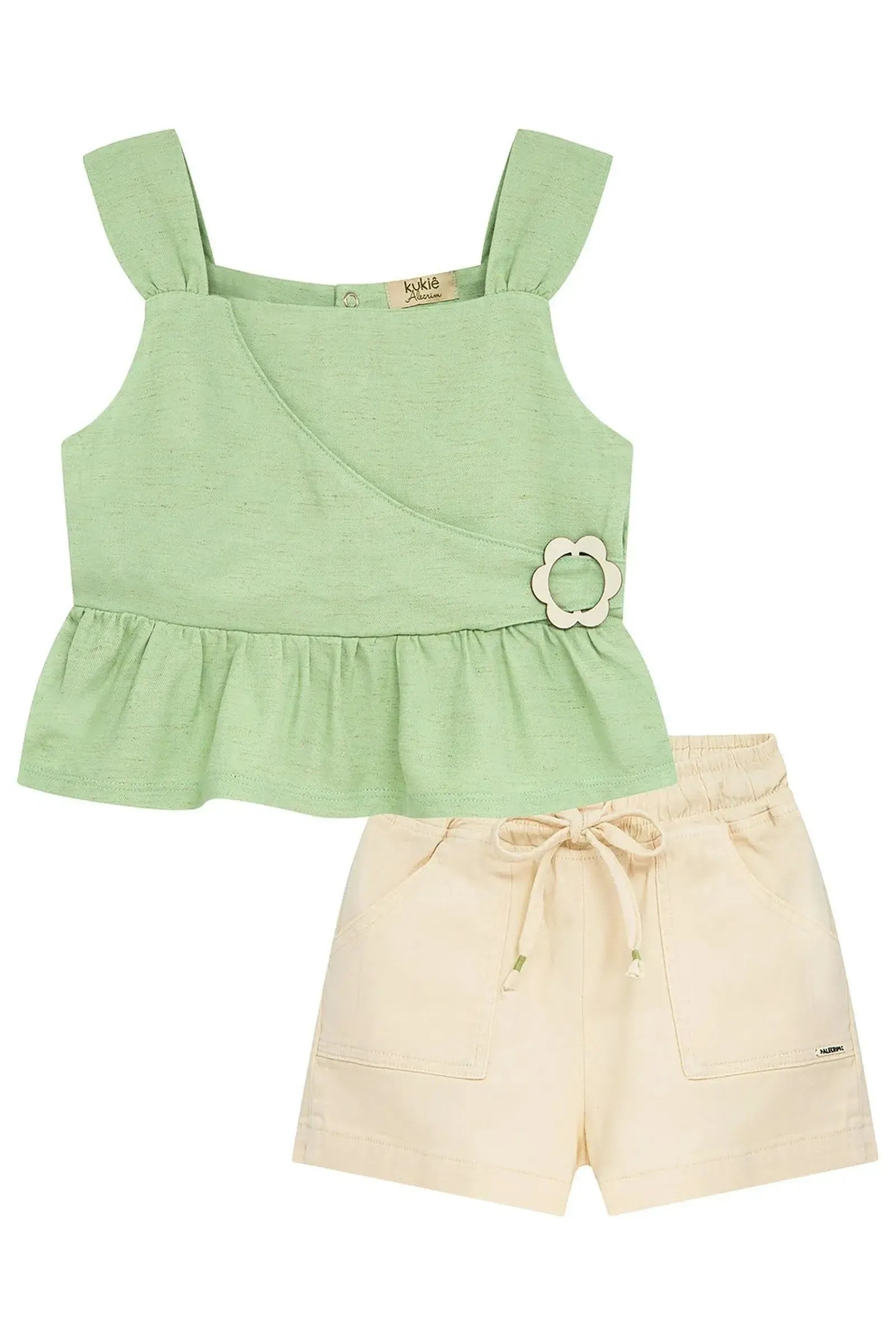 Conjunto de Bata em Tecido Blend de Linho e Shorts em Sarja com Elastano. 95113 Kukiê Infantil Menina