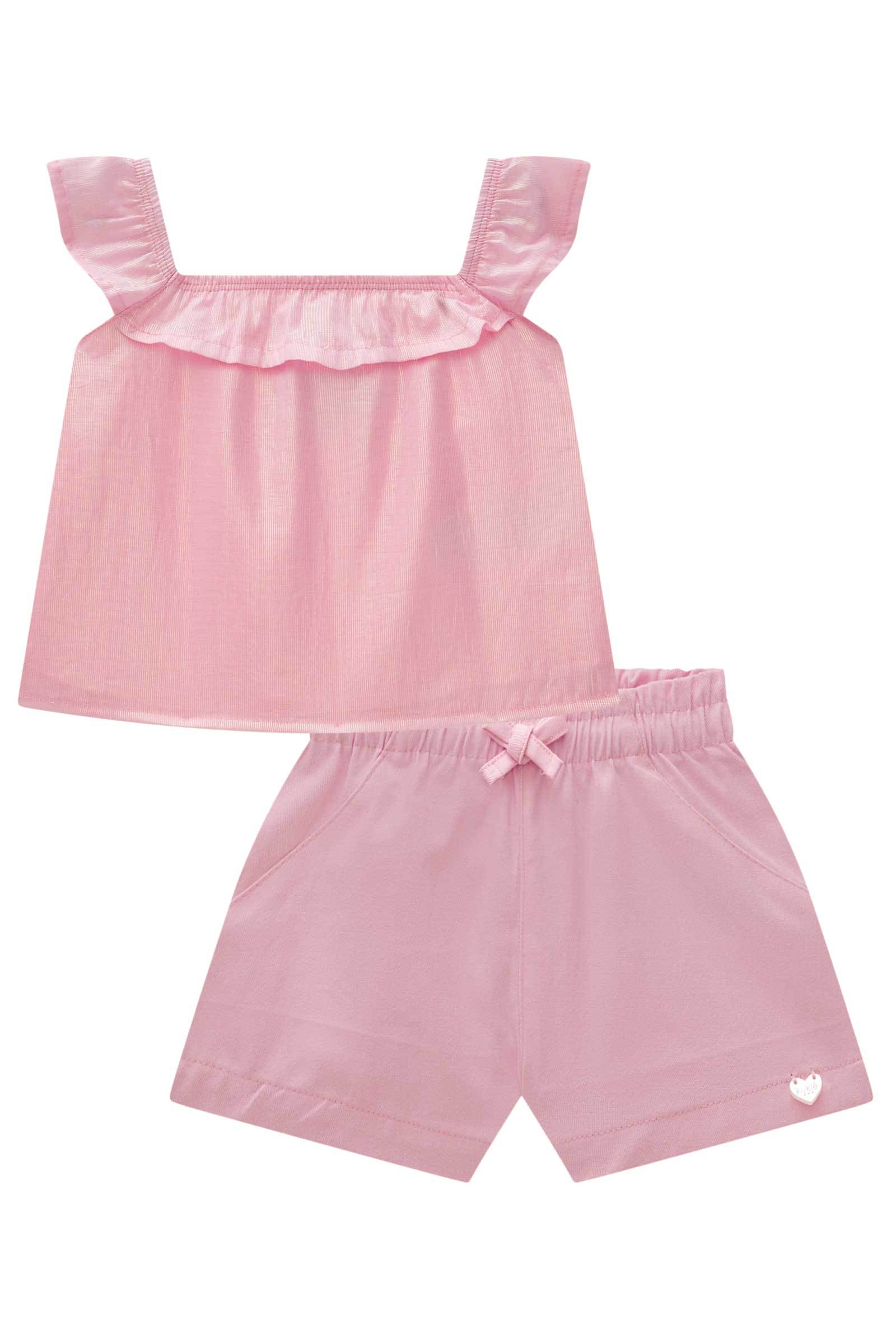 Conjunto de Bata em Tecido Holográfico e Shorts em Sarja Ônix com Elastano 77521 Kukiê