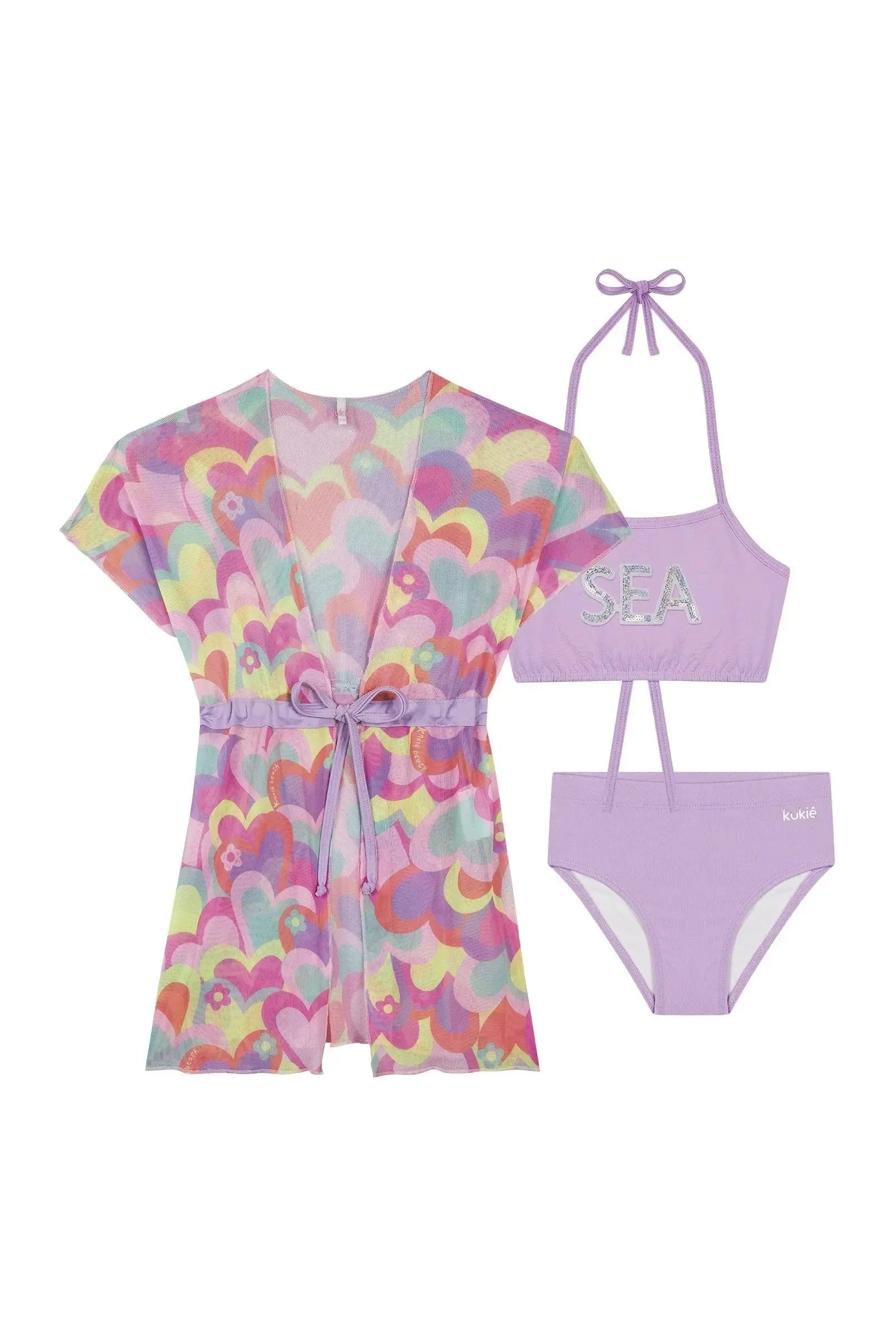 Conjunto de Biquíni em Malha Proteção UV 50+ e Saida de Praia em Tule 88003 Kukiê Infantil Menina