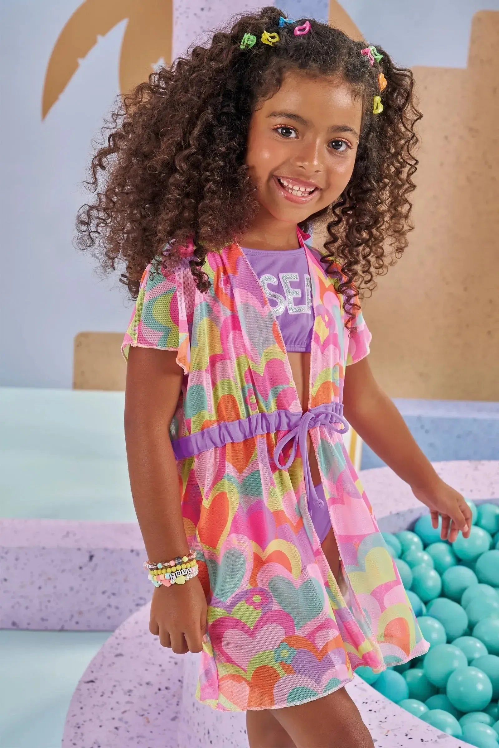 Conjunto de Biquíni em Malha Proteção UV 50+ e Saida de Praia em Tule 88003 Kukiê Infantil Menina