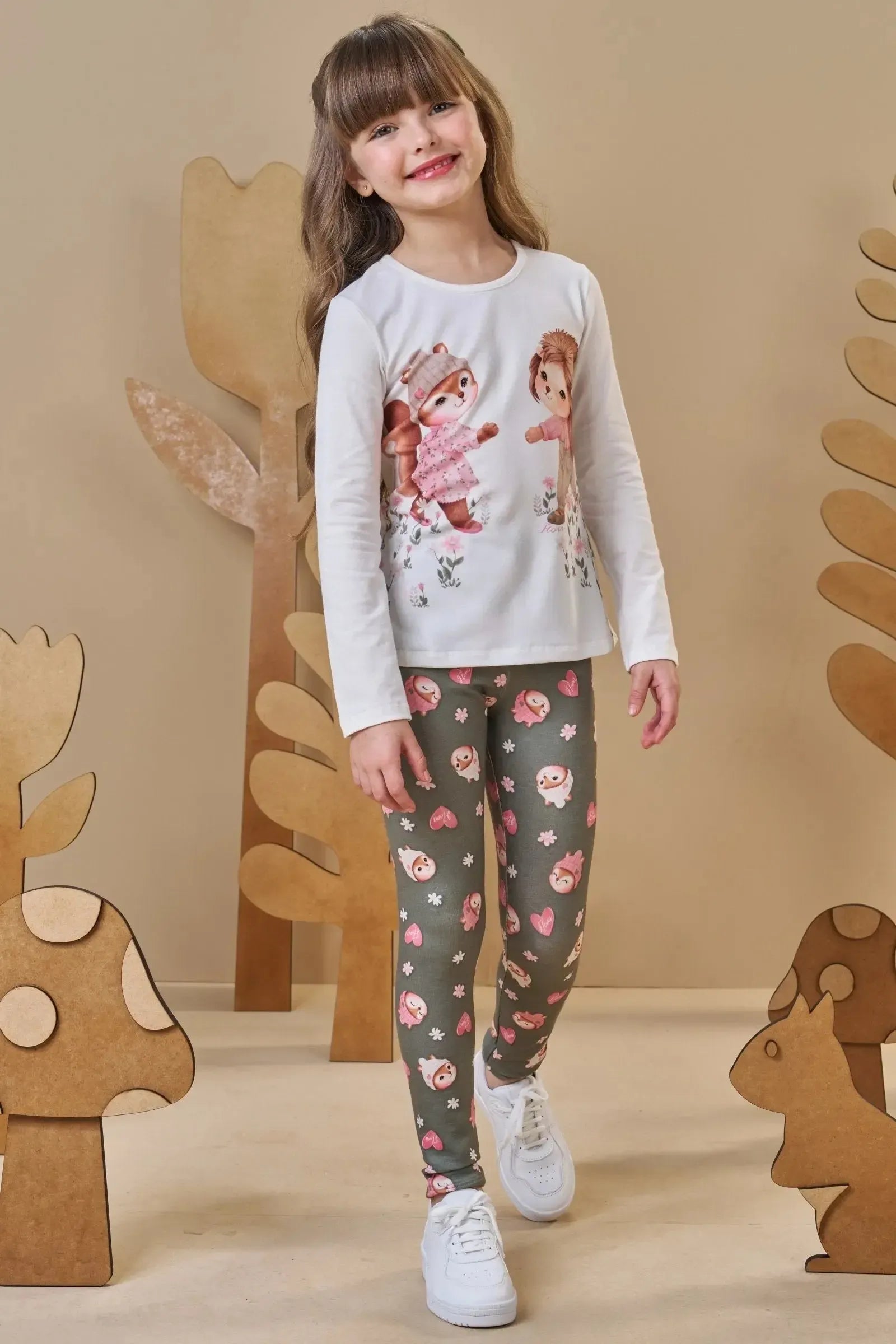 Conjunto de Blusa Alongada em Cotton com Calça Legging em Molecotton 89436 Infanti Infantil Menina