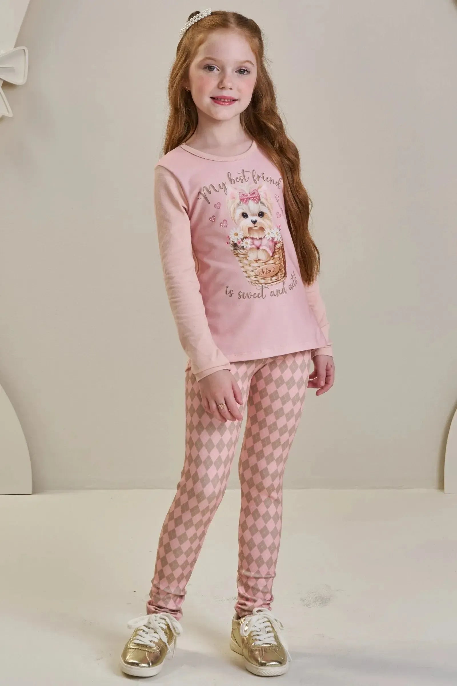 Conjunto de Blusa Alongada em Cotton e Calça Legging em Fly Tech 89743 Infanti Infantil Menina