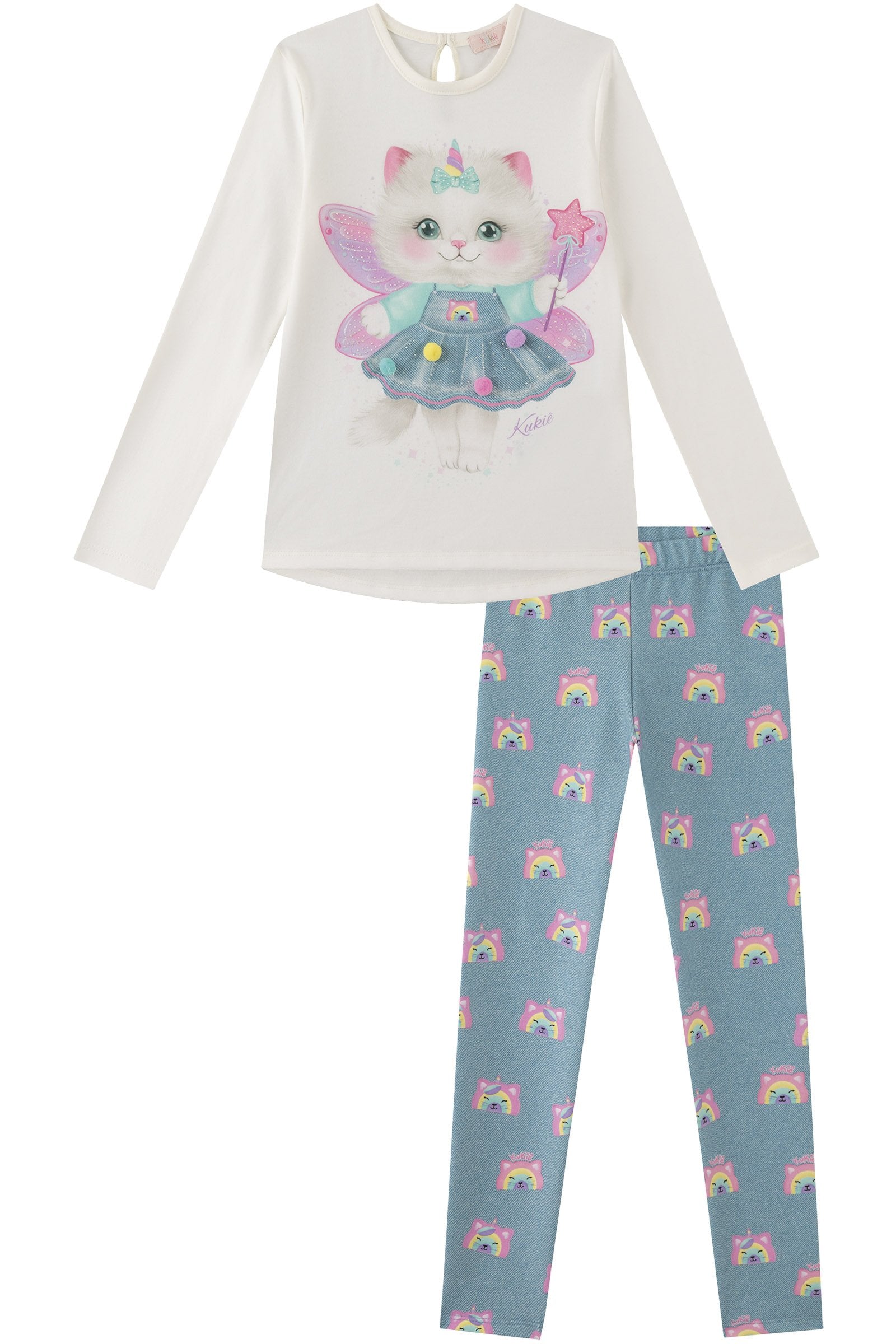 Conjunto de Blusa Alongada em Cotton e Calça Legging em Molecotton 90164 Kukiê Infantil Menina