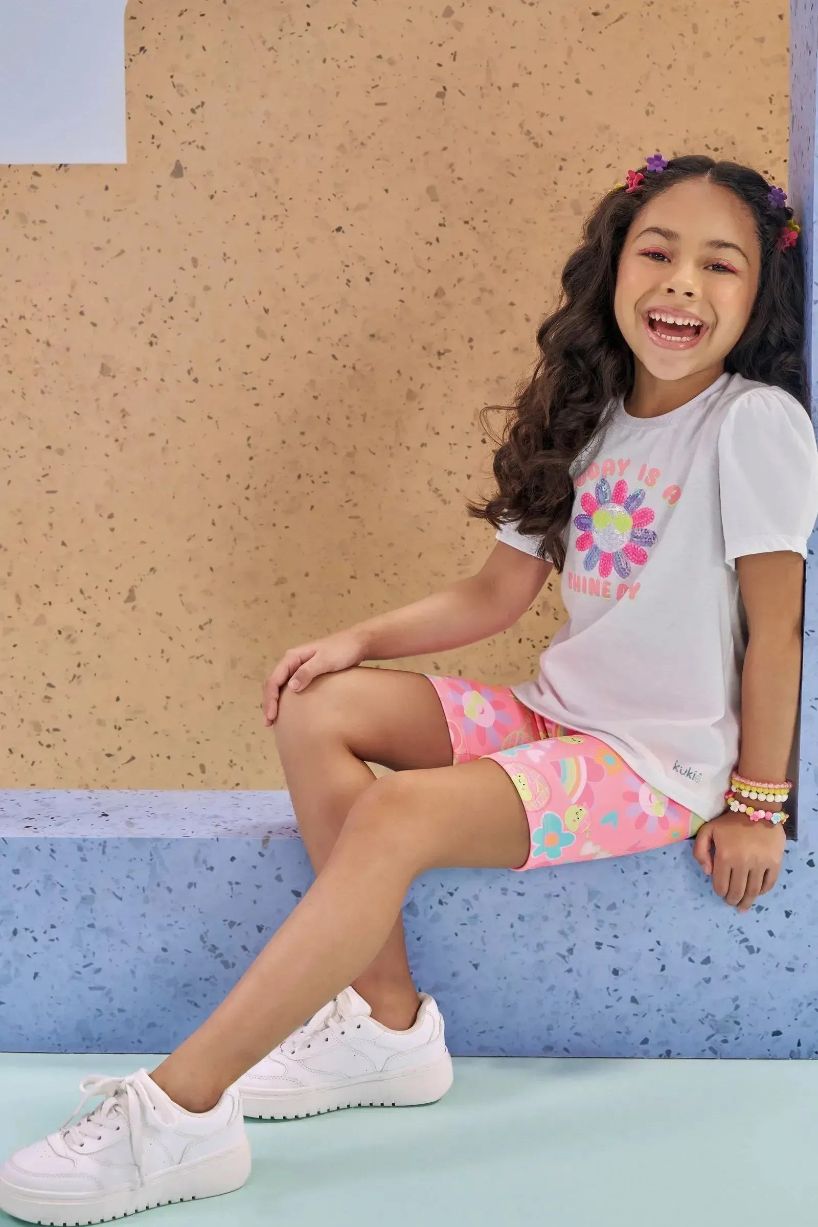 Conjunto de Blusa Alongada em Meia Malha e Biker em Malha Power 87661 Kukiê Infantil Menina