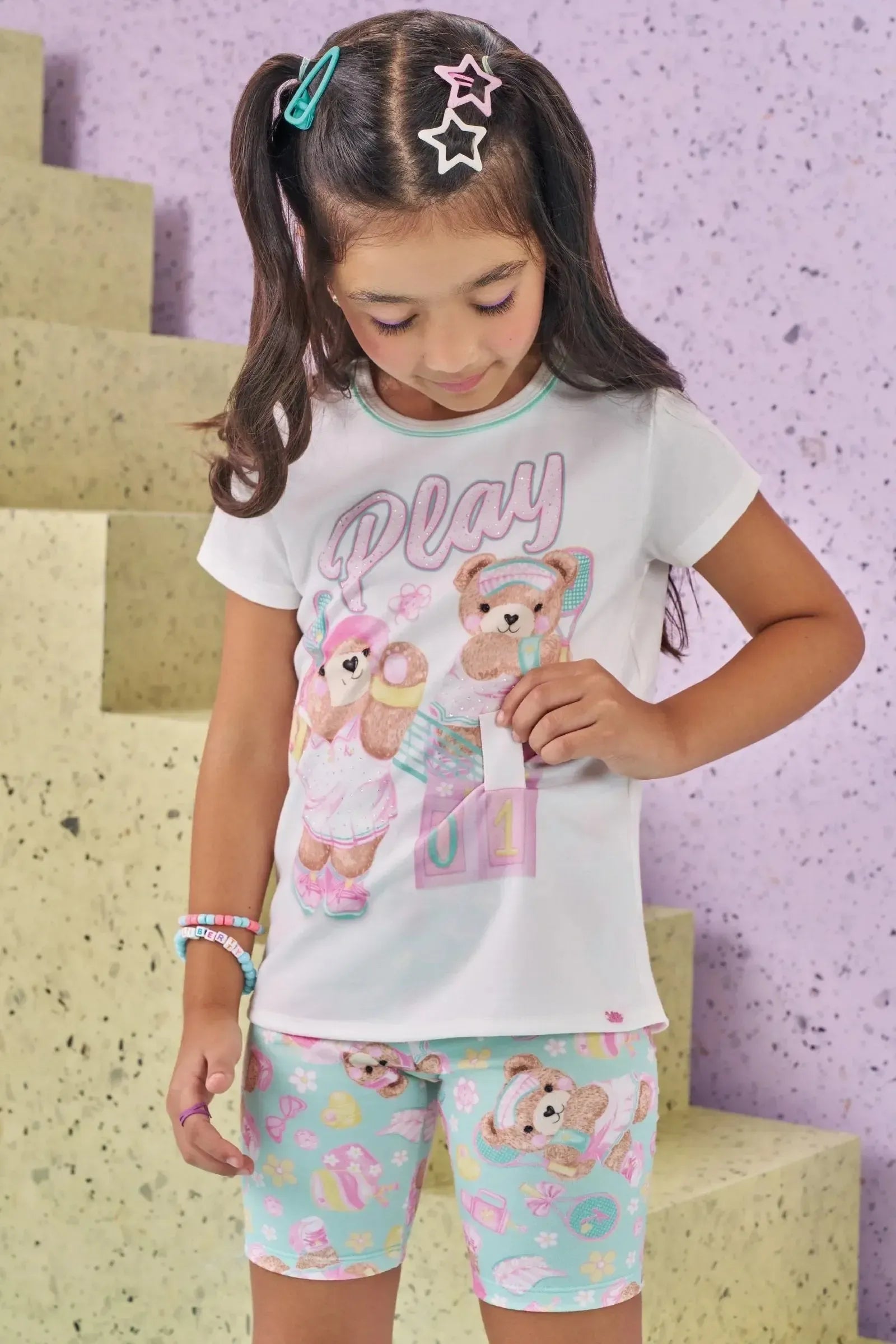 Conjunto de Blusa Alongada em Meia Malha e Biker em Molecotton 88736 Kukiê Infantil Menina