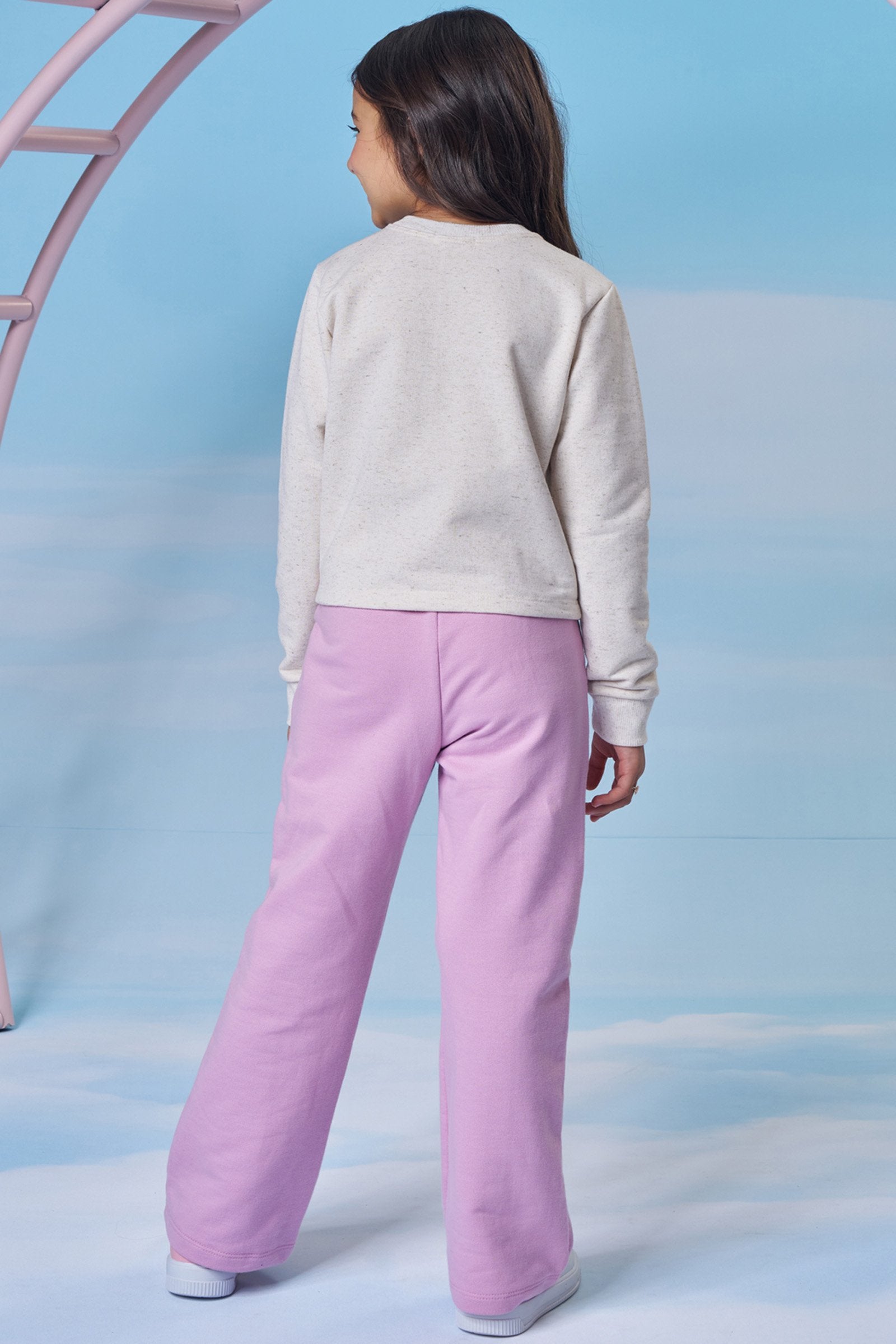 Conjunto de Blusa Boxy e Calça Wide Leg em Moletom sem Pelúcia 91706 Kukiê Infantil Menina