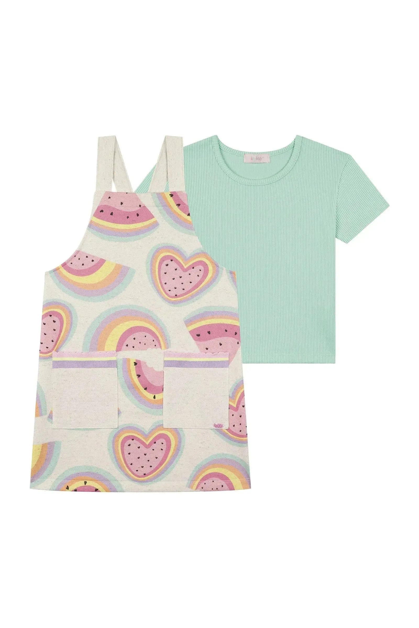 Conjunto de Blusa Boxy em Canelado e Salopete em Moletom Linho 87302 Kukiê Infantil Menina