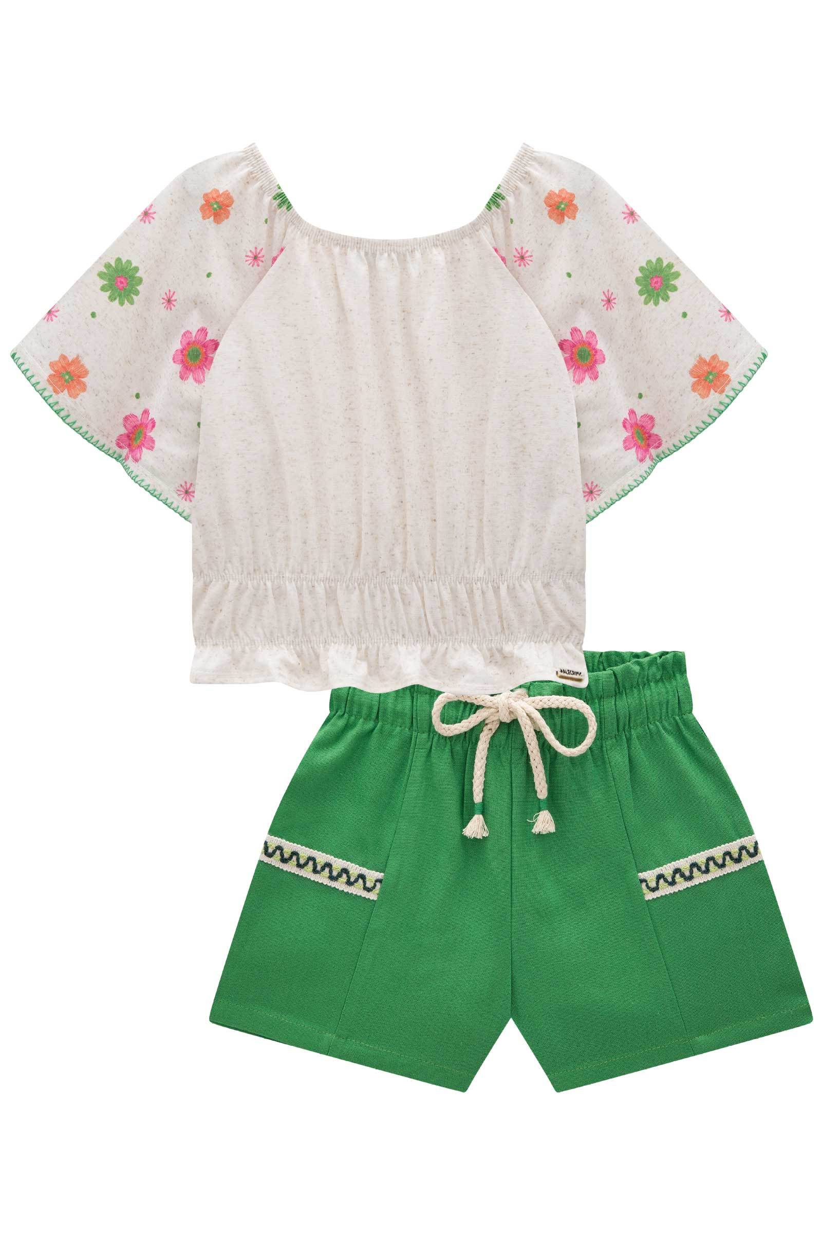 Conjunto de Blusa Boxy em Cotton e Shorts em Blend de Linho 76997 Kukiê