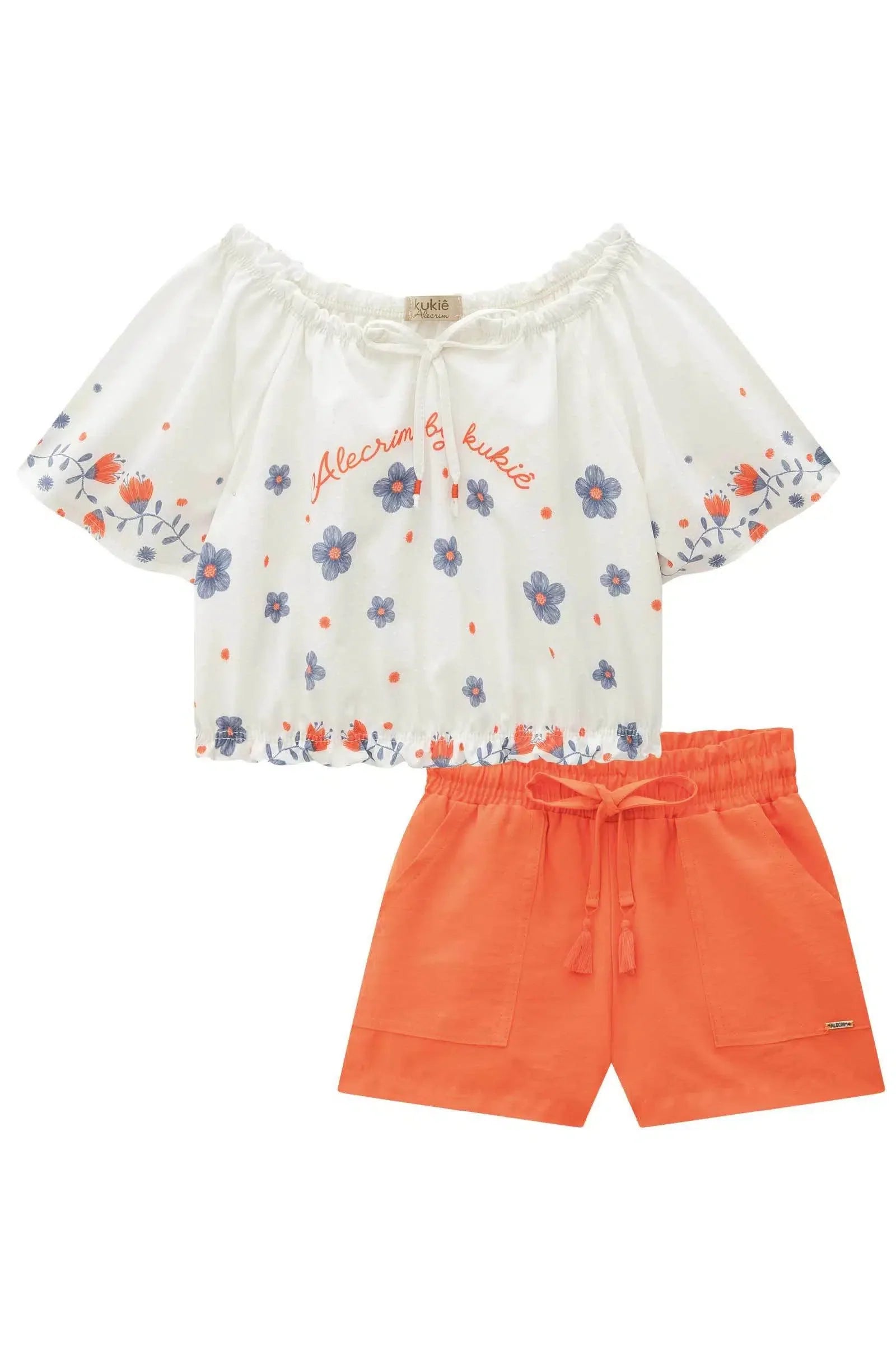 Conjunto Infantil Menina de Blusa Boxy em Light Peach Textura e Shorts em Alfatataria 81951 Kukiê