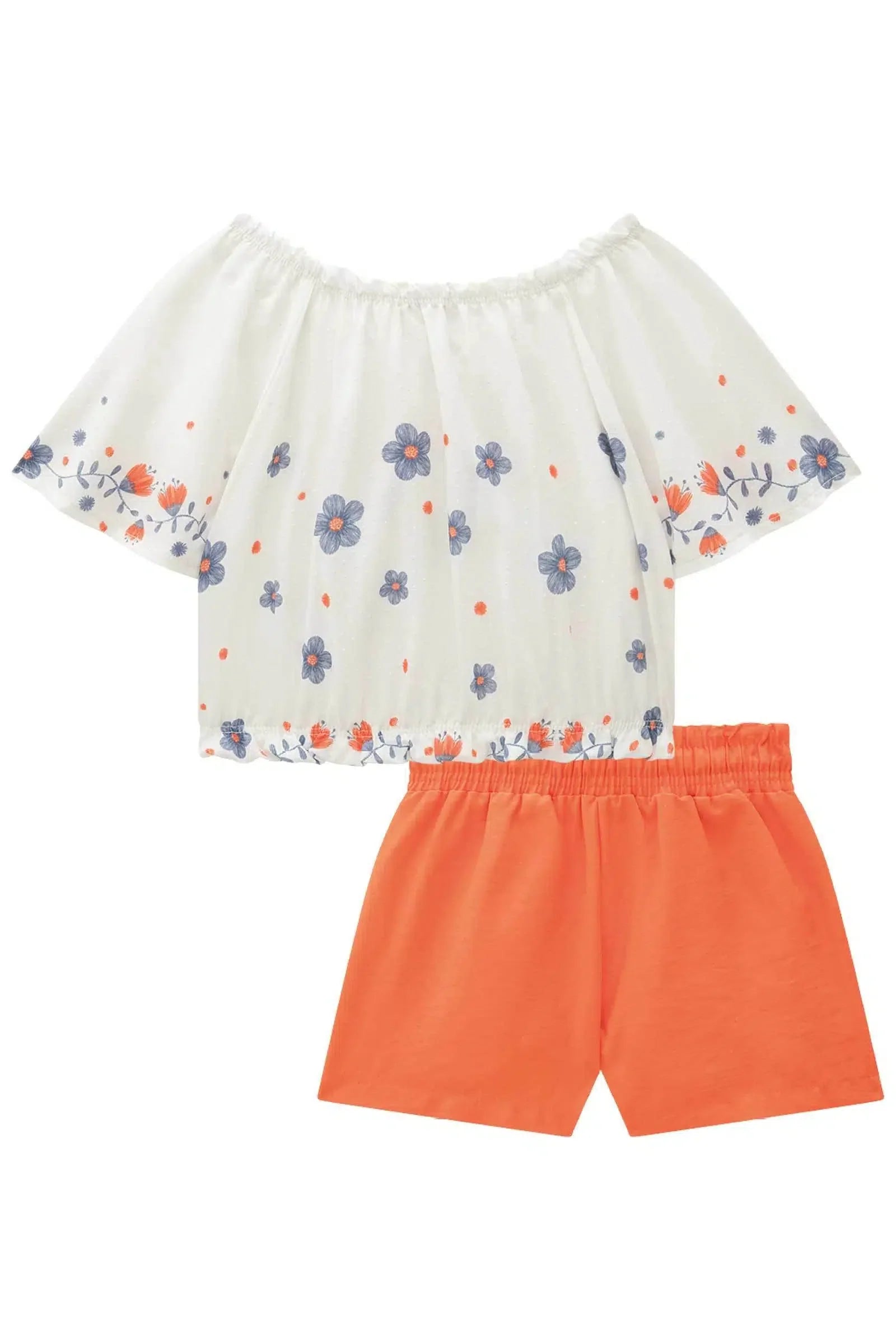 Conjunto Infantil Menina de Blusa Boxy em Light Peach Textura e Shorts em Alfatataria 81951 Kukiê