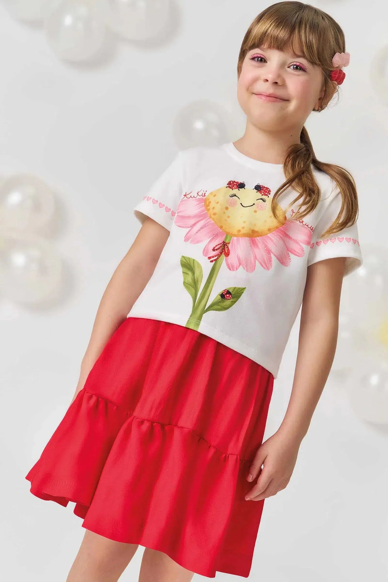 Conjunto Infantil Menina de Blusa Boxy em Malha Power e Saia em Blend de Viscose 81577 Kukiê