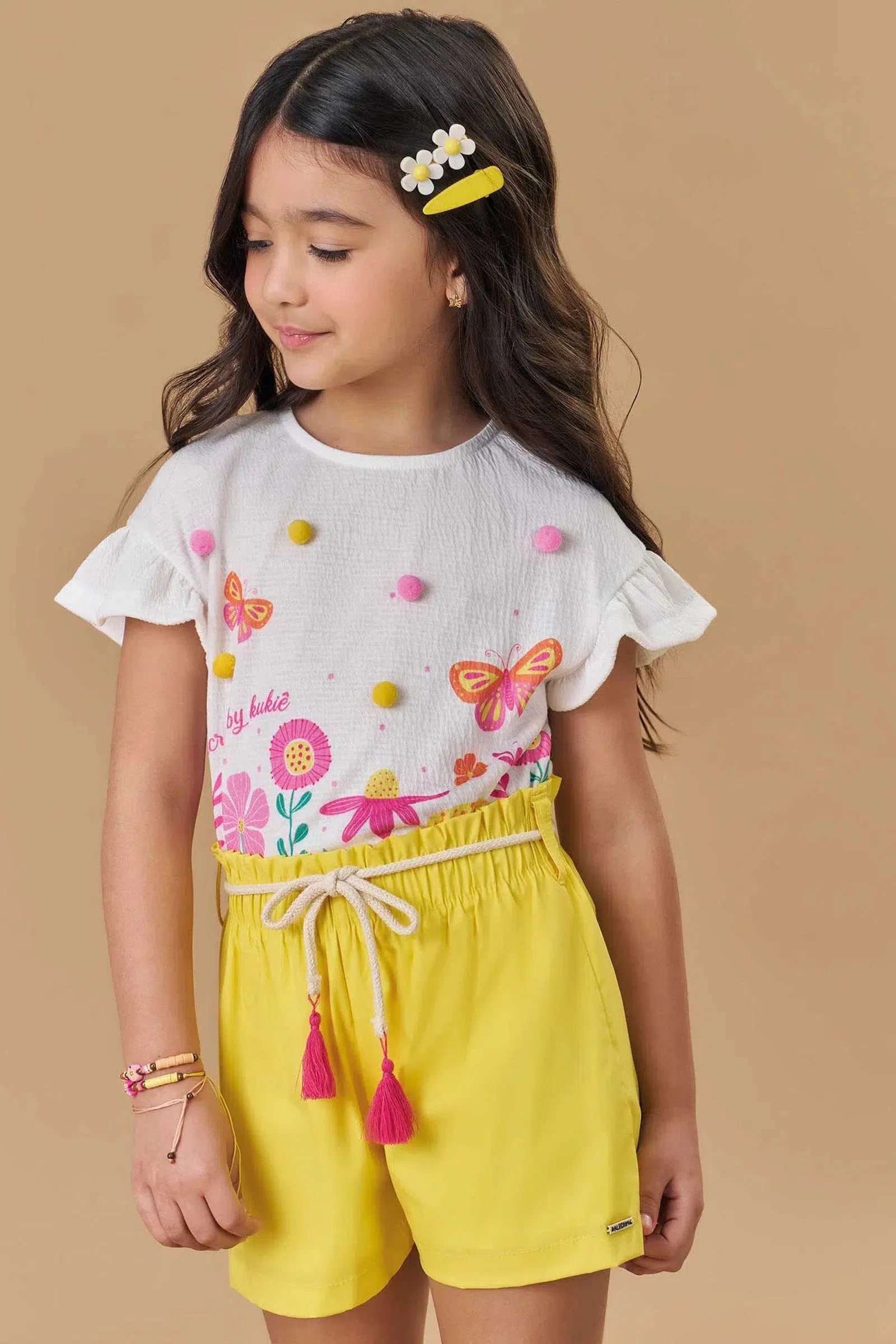 Conjunto Infantil Menina de Blusa Boxy em Malha Wave e Shorts em Tricoline com Elastano 81756 Kukiê