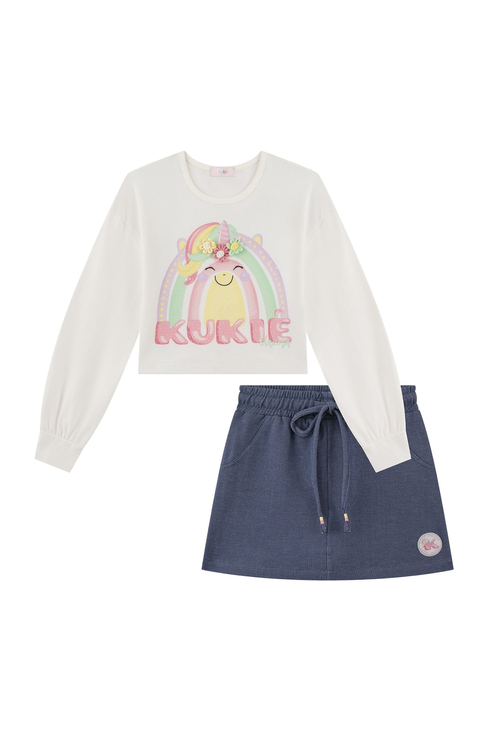 Conjunto de Blusa Boxy em Meia Malha e Short Saia em Malha Denin 90679 Kukiê Infantil Menina