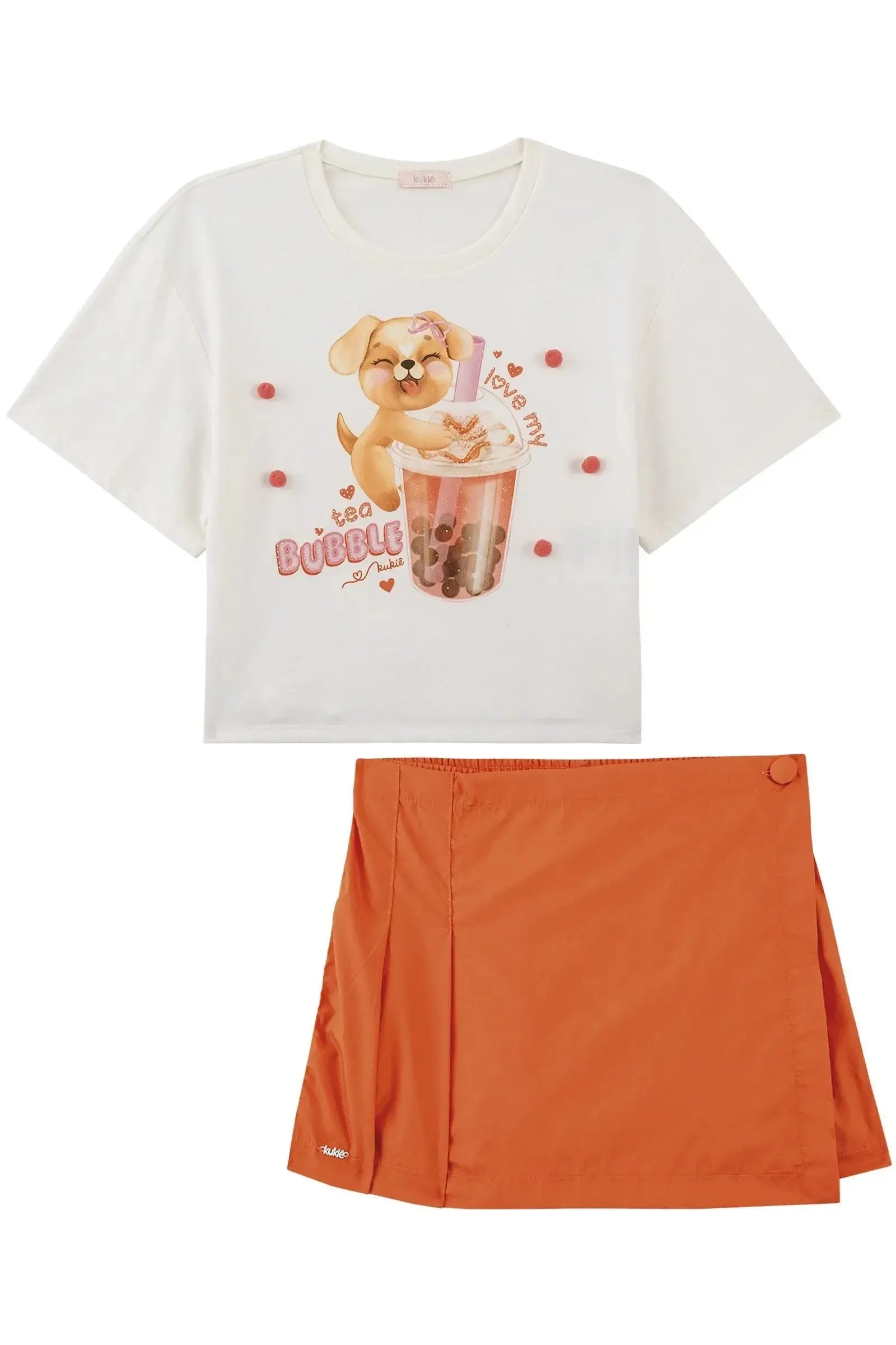 Conjunto de Blusa Boxy em Meia Malha e Short Saia em Tricoline de Algodão 93672 Kukiê Infantil Menina