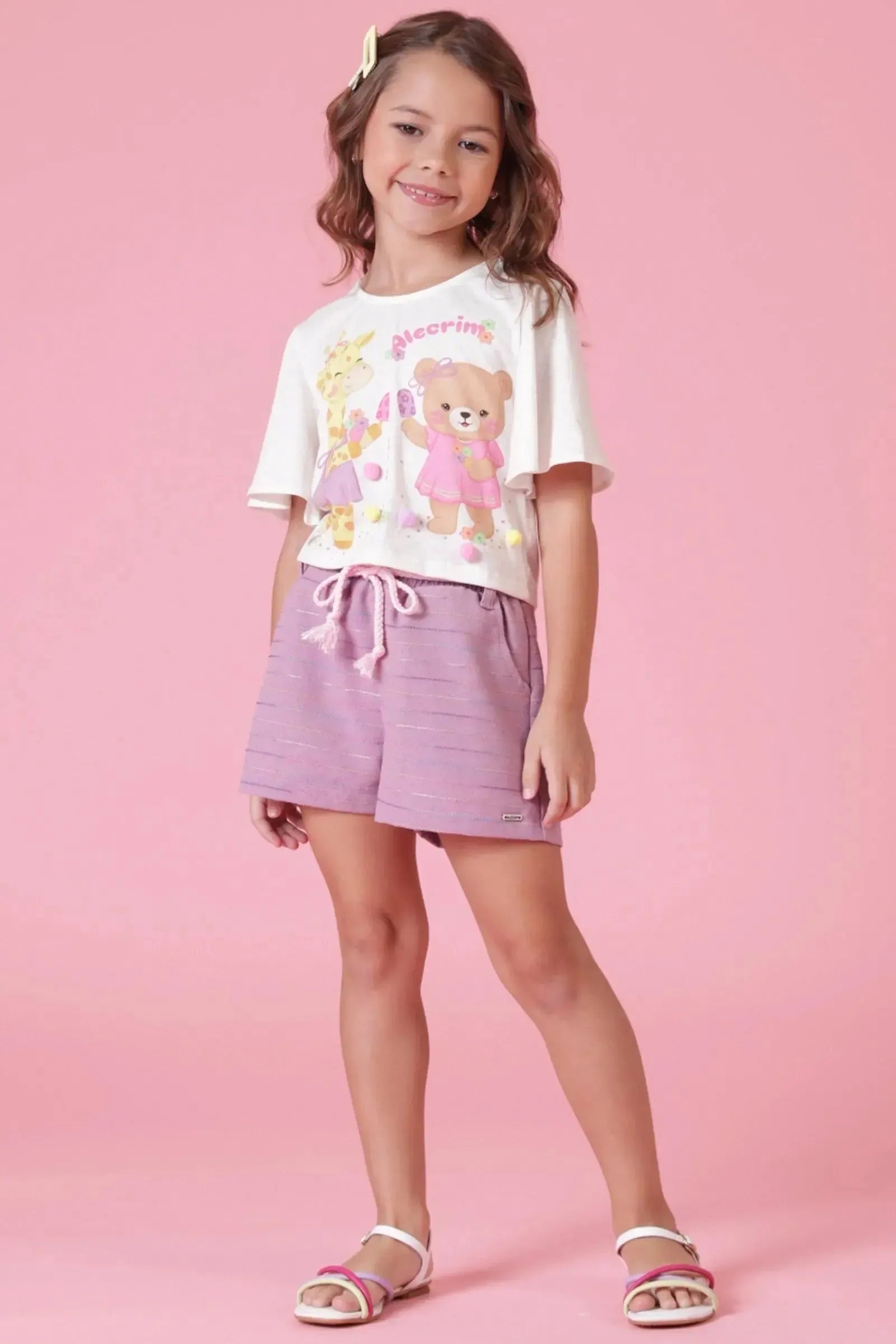 Conjunto de Blusa Boxy Over em Malha Fresh e Shorts em Linho Rajado 88943 Kukiê Infantil Menina