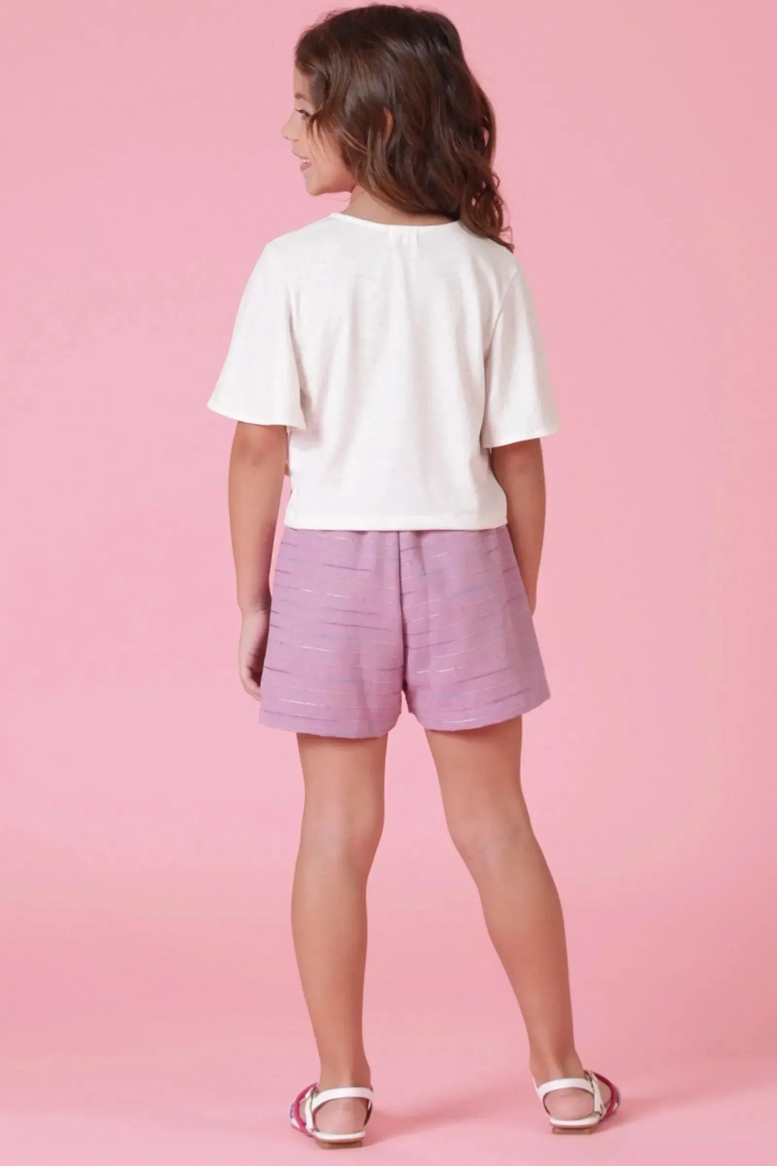 Conjunto de Blusa Boxy Over em Malha Fresh e Shorts em Linho Rajado 88943 Kukiê Infantil Menina