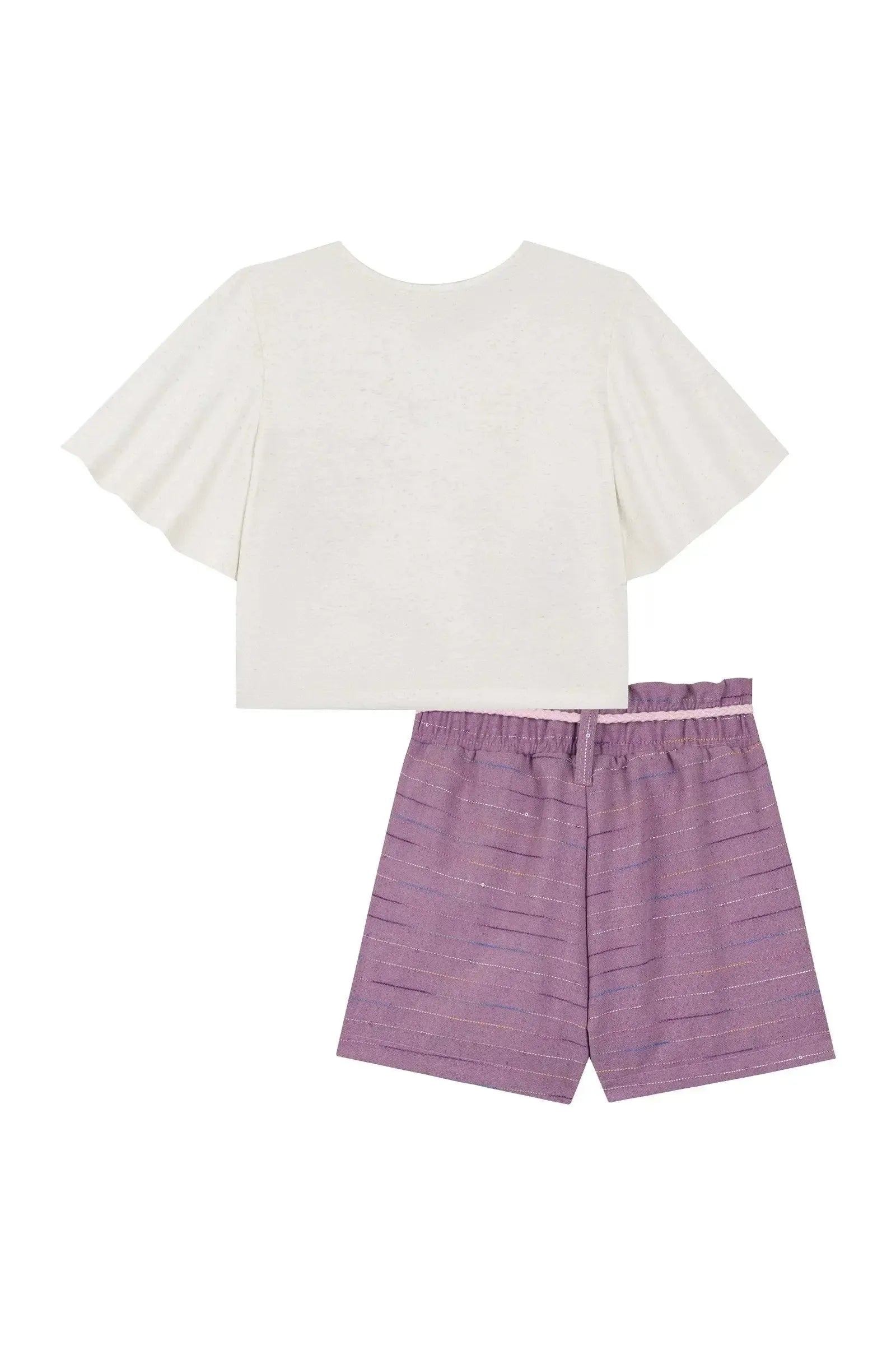 Conjunto de Blusa Boxy Over em Malha Fresh e Shorts em Linho Rajado 88943 Kukiê Infantil Menina