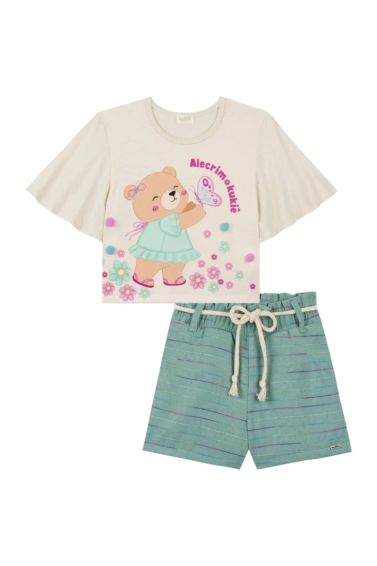 Conjunto de Blusa Boxy Over em Malha Power e Shorts em Linho Rajado 88947 Kukiê Infantil Menina