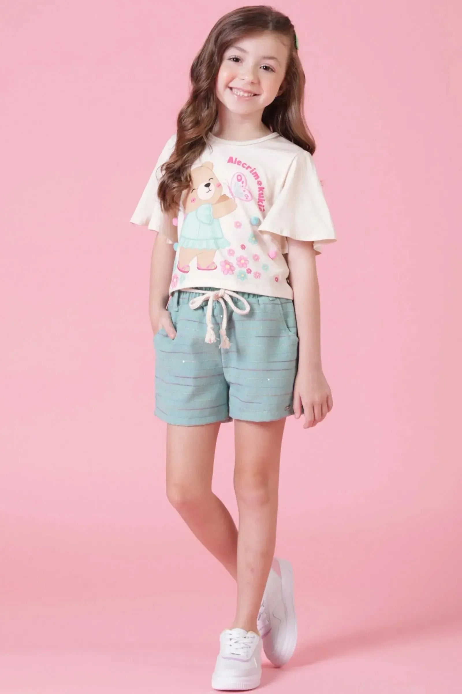 Conjunto de Blusa Boxy Over em Malha Power e Shorts em Linho Rajado 88947 Kukiê Infantil Menina