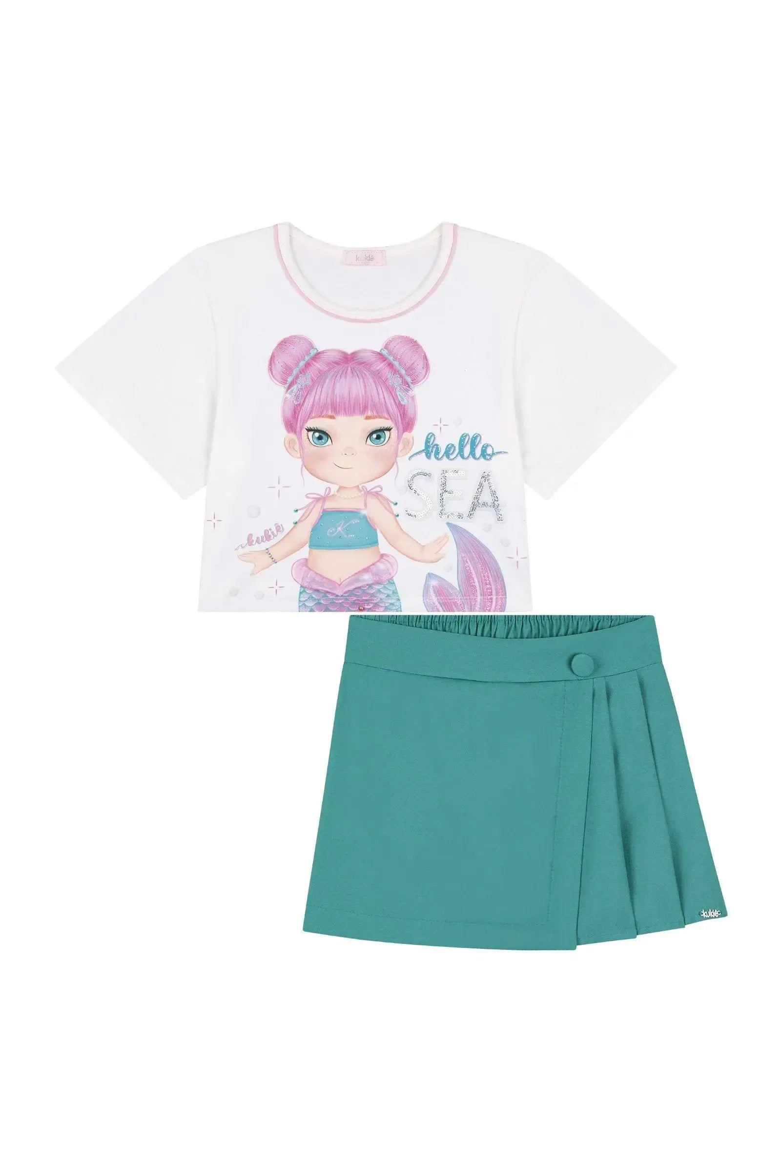 Conjunto de Blusa Boxy Over em Meia Malha e Short Saia em Blend de Viscose 88341 Kukiê Infantil Menina