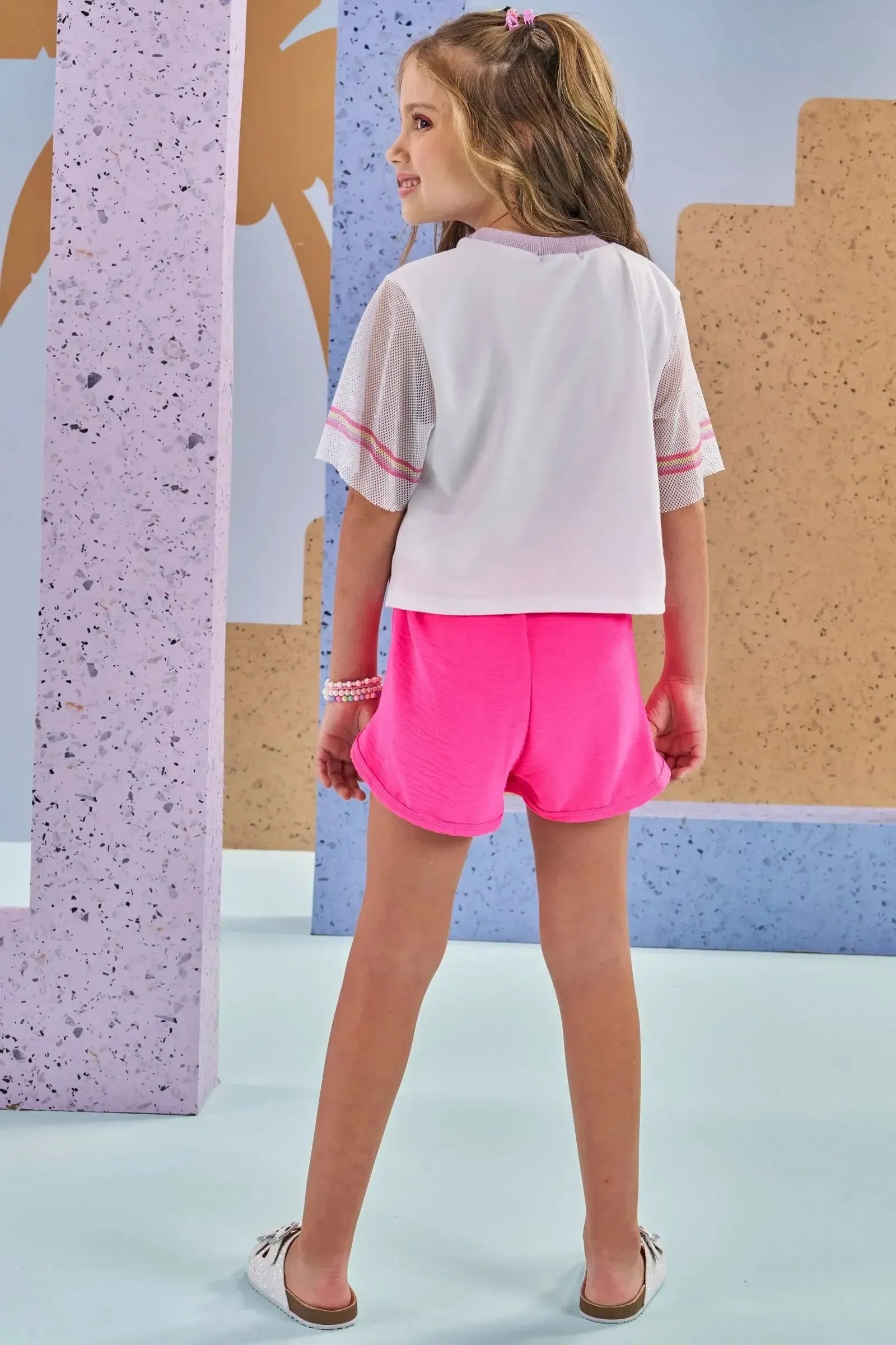 Conjunto de Blusa Boxy Over em Meia Malha e Shorts em Air Flow 88086 Kukiê Infantil Menina
