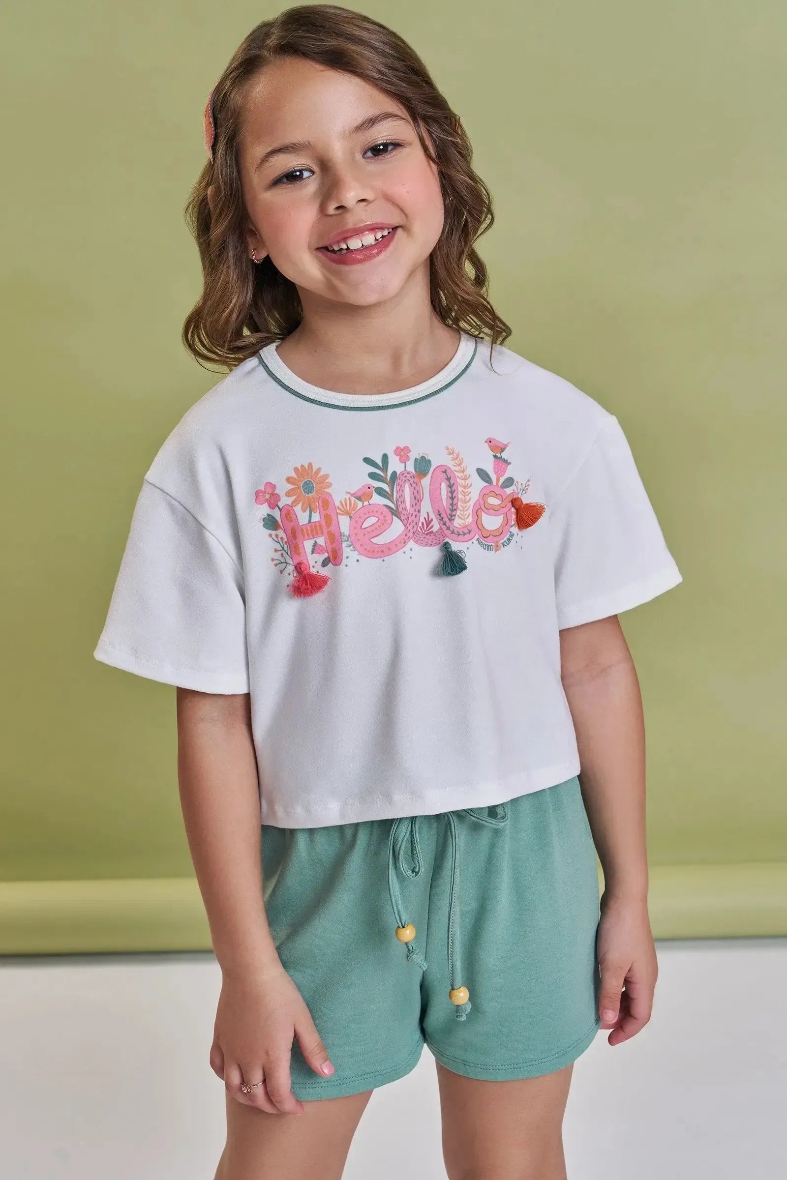 Conjunto de Blusa Boxy Over em Meia Malha e Shorts em Molevisco 93264 Kukiê Infantil Menina