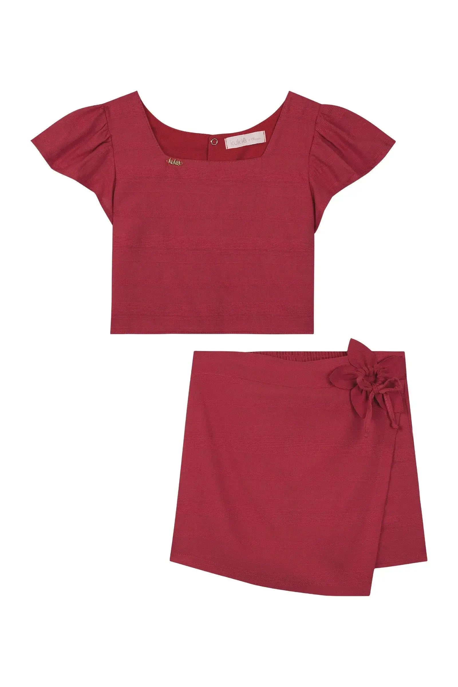 Conjunto de Blusa Cropped e Short Saia em Tricoline Textura 100% Algodão 87333 Kukiê Infantil Menina