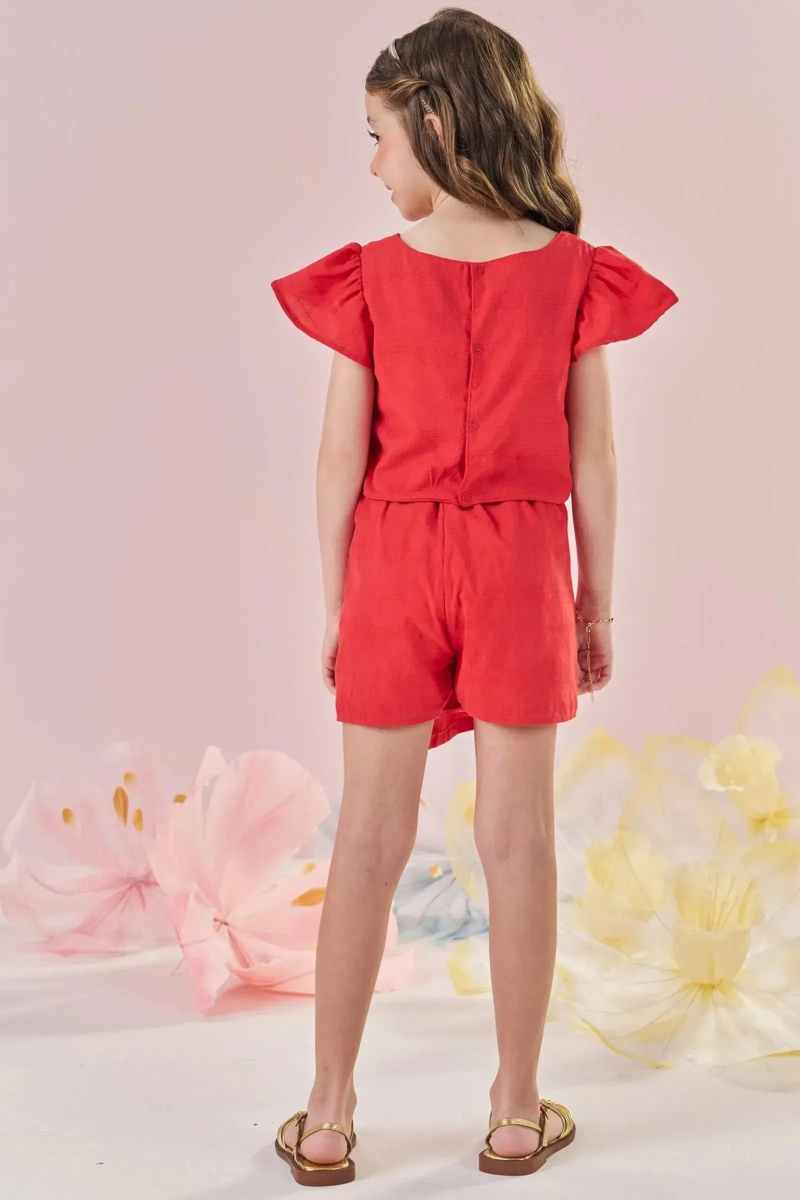 Conjunto de Blusa Cropped e Short Saia em Tricoline Textura 100% Algodão 87333 Kukiê Infantil Menina