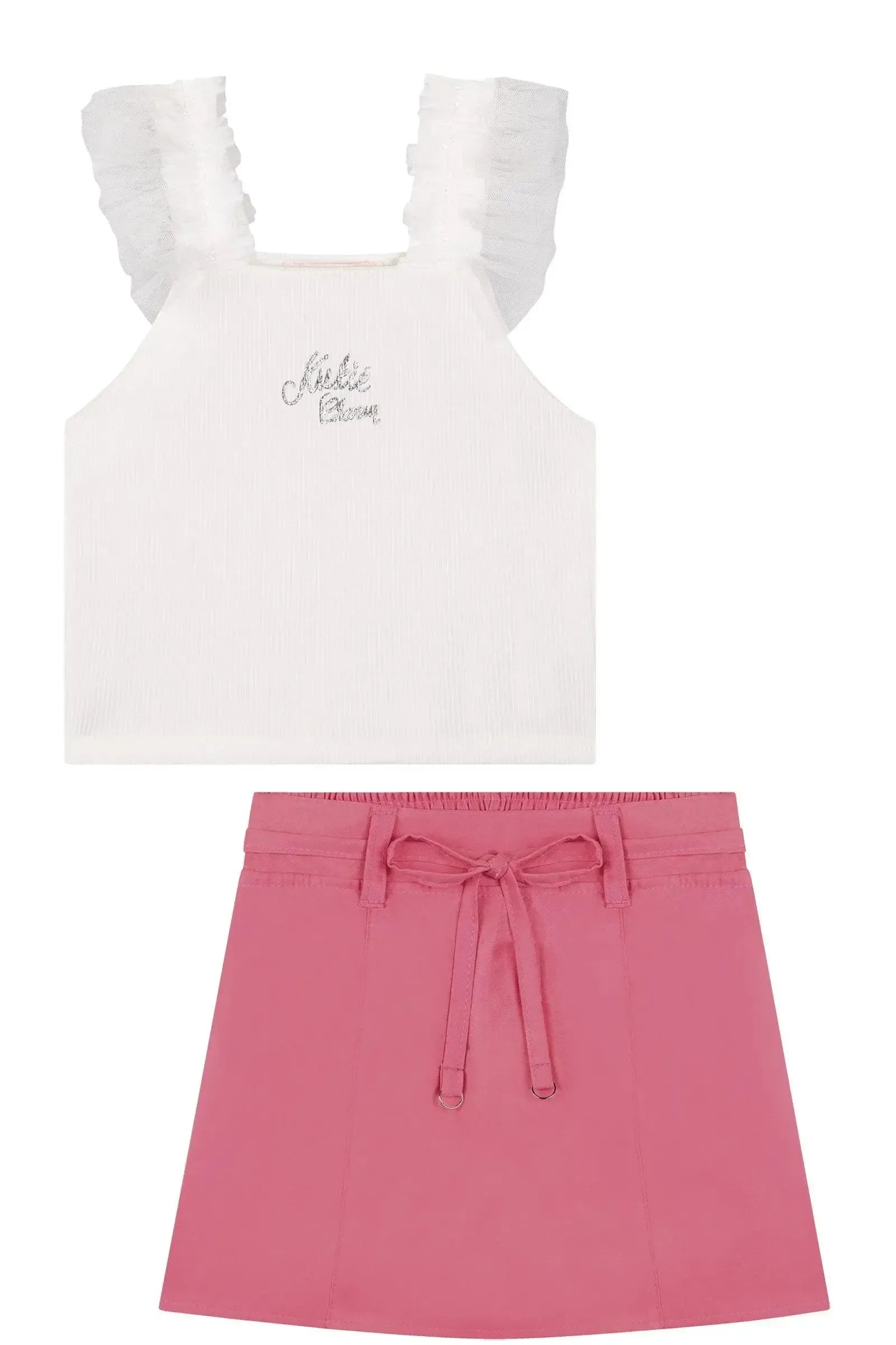 Conjunto de Blusa Cropped em Soft Line e Short Saia em Tecido Shine 87337 Kukiê Infantil Menina
