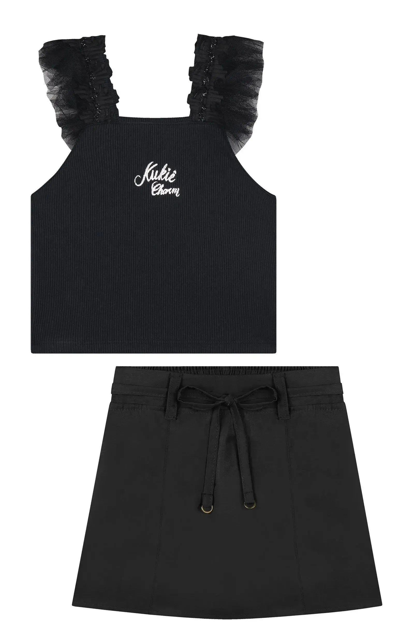 Conjunto de Blusa Cropped em Soft Line e Short Saia em Tecido Shine 87337 Kukiê Infantil Menina