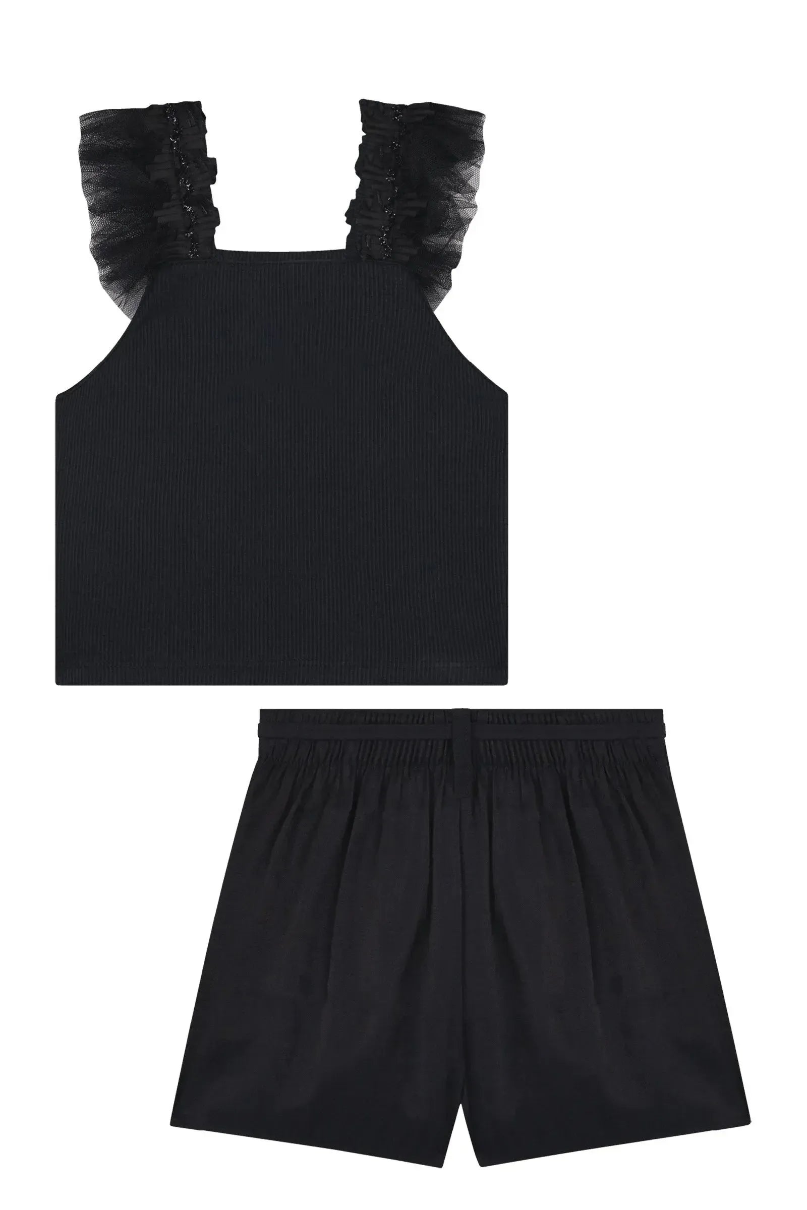 Conjunto de Blusa Cropped em Soft Line e Short Saia em Tecido Shine 87337 Kukiê Infantil Menina