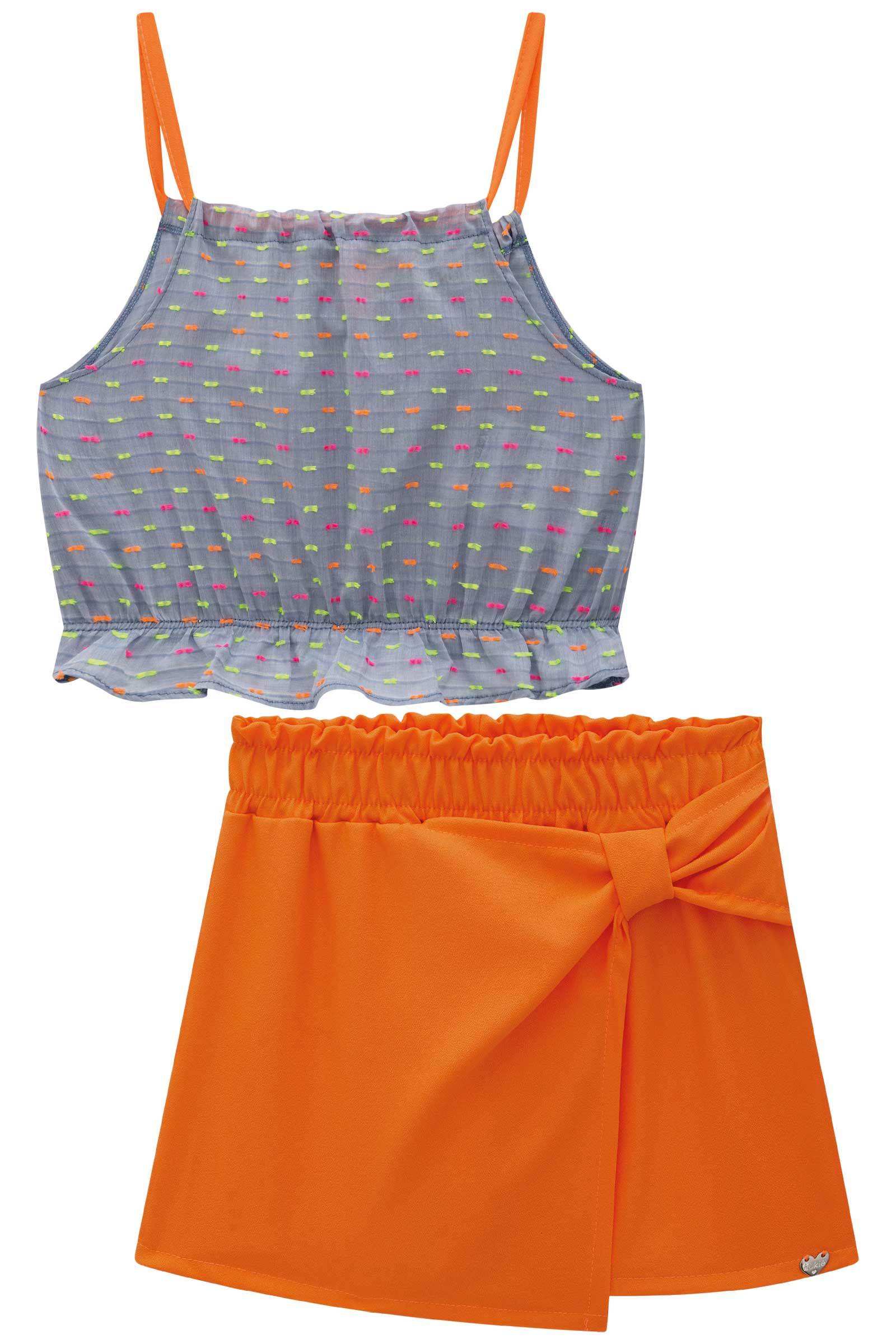 Conjunto de Blusa Cropped em Tricoline Dots e Short Saia em Crepe San Peter 78022 Kukiê