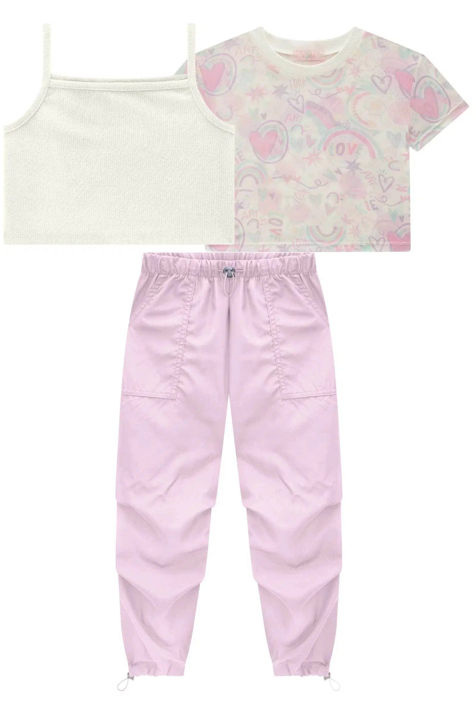 Conjunto Infantil Menina de Blusa Cropped em Tule com Elastano Top em Canelado e Calça Parachute em Nylon 82278 Kukiê