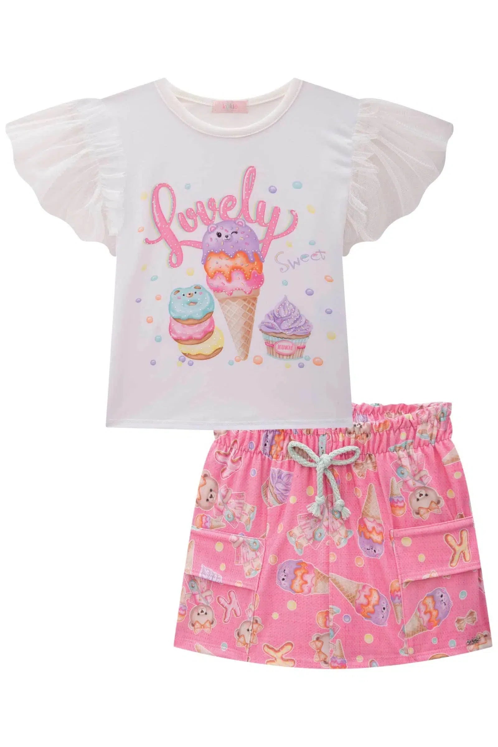 Conjunto Infantil Menina de Blusa e Shorts Saia em Malha Power 81581 Kukiê