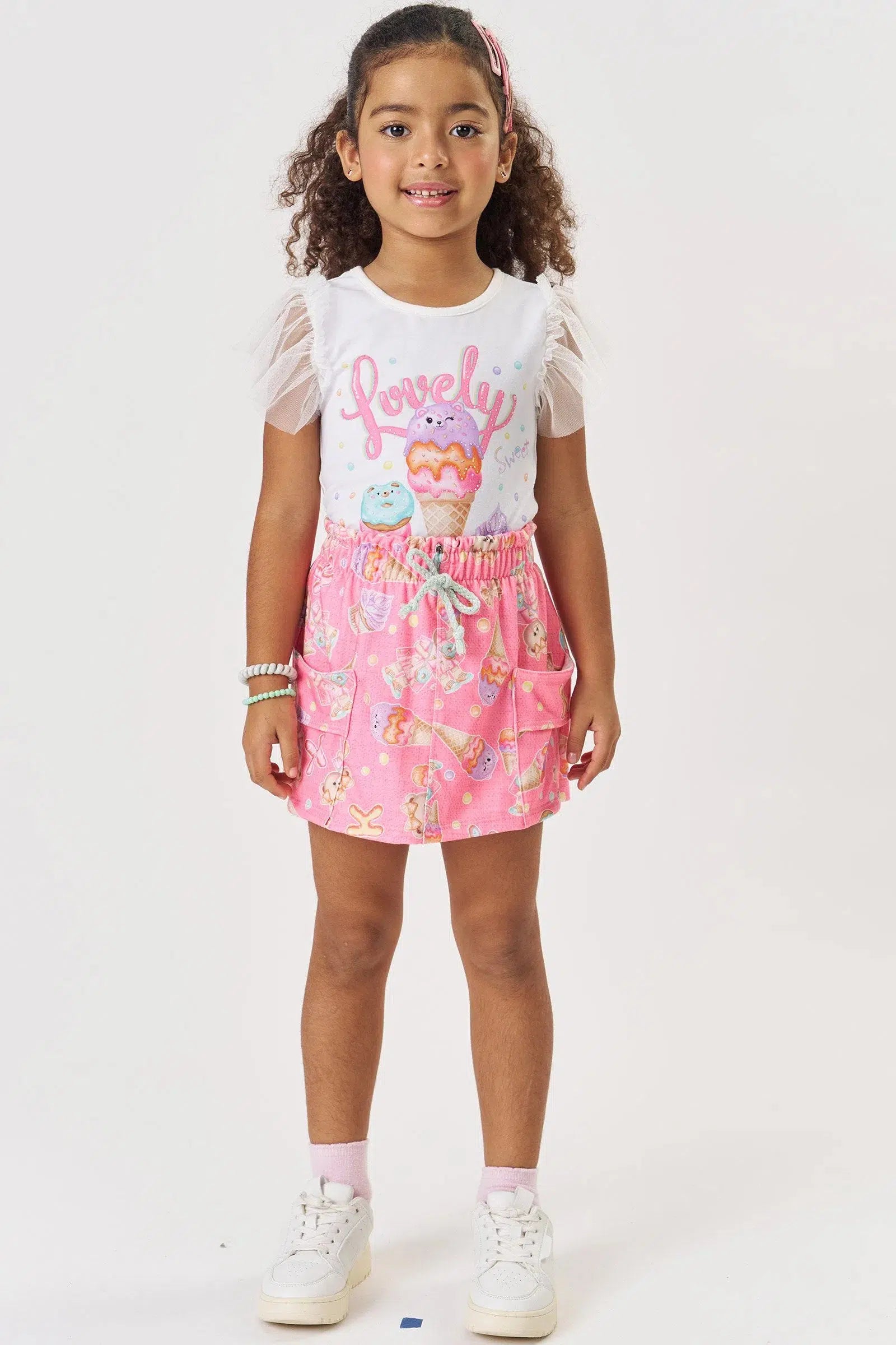 Conjunto Infantil Menina de Blusa e Shorts Saia em Malha Power 81581 Kukiê