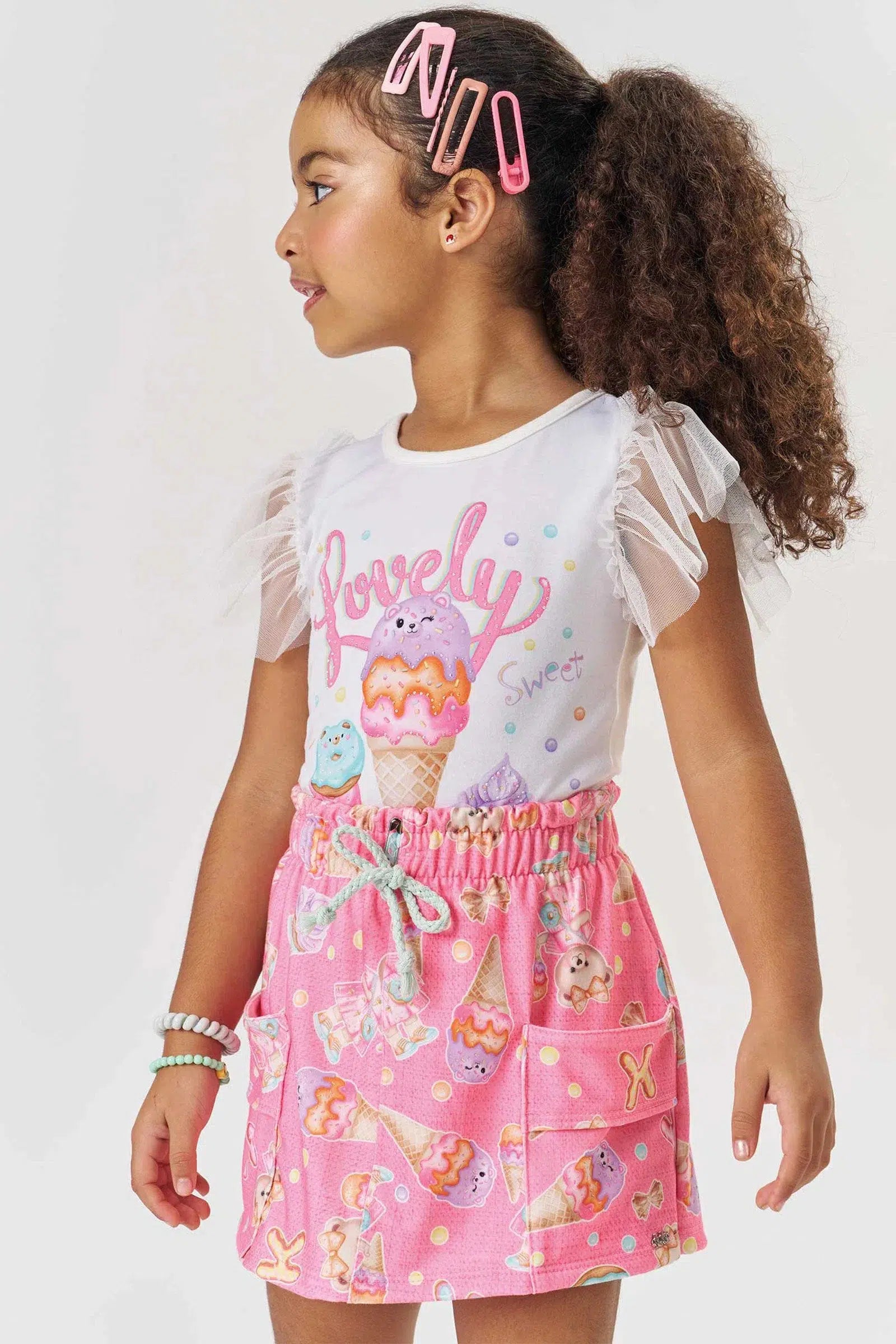 Conjunto Infantil Menina de Blusa e Shorts Saia em Malha Power 81581 Kukiê