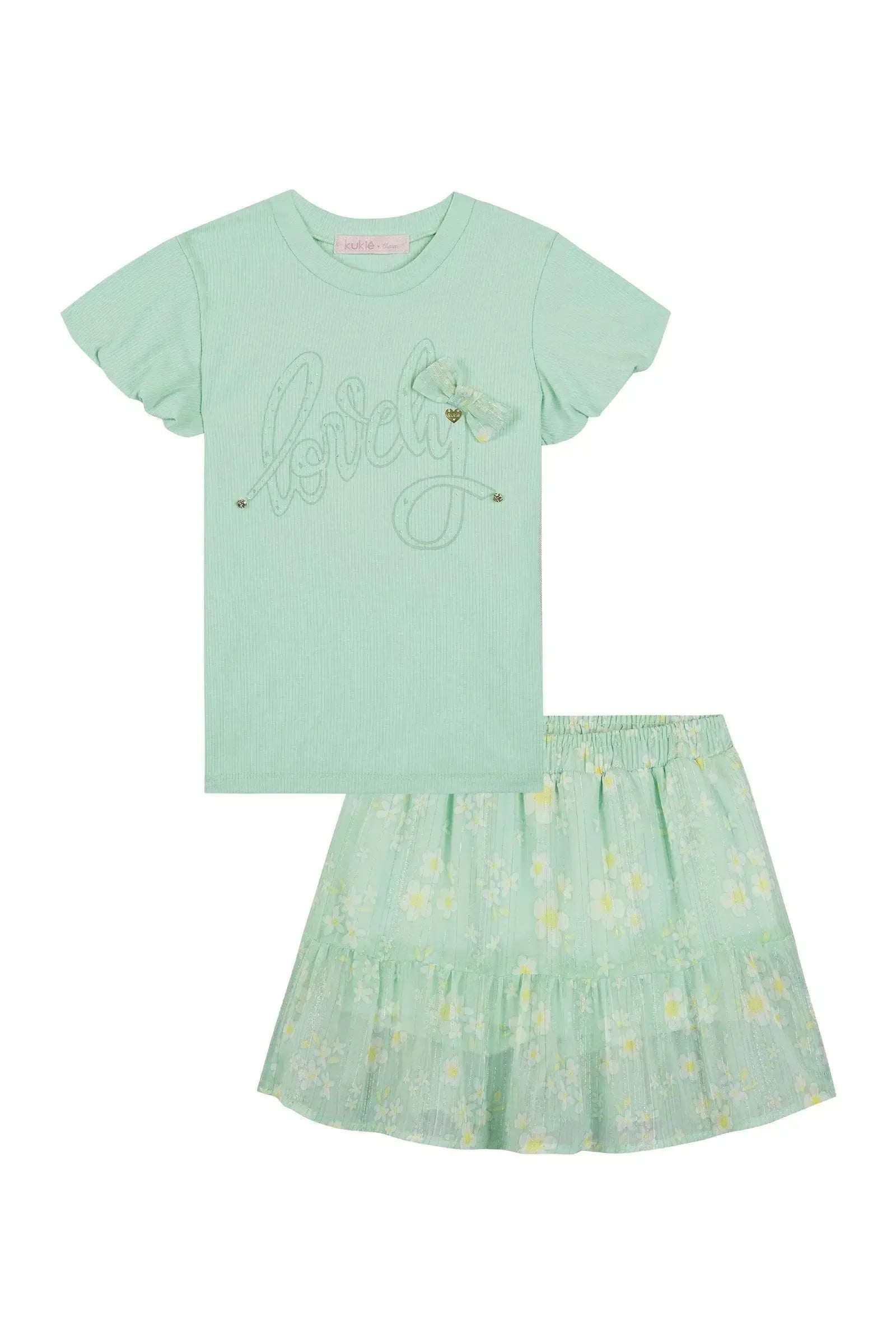 Conjunto de Blusa em Canelado e Saia em Chiffon Brilho com Shorts Embutido 88842 Kukiê Infantil Menina
