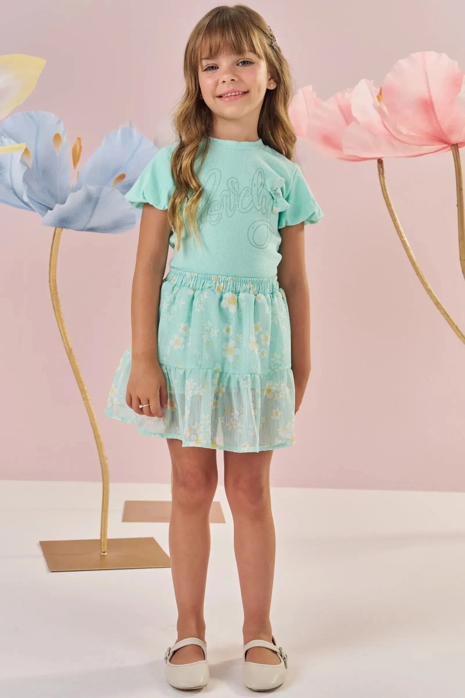 Conjunto de Blusa em Canelado e Saia em Chiffon Brilho com Shorts Embutido 88842 Kukiê Infantil Menina
