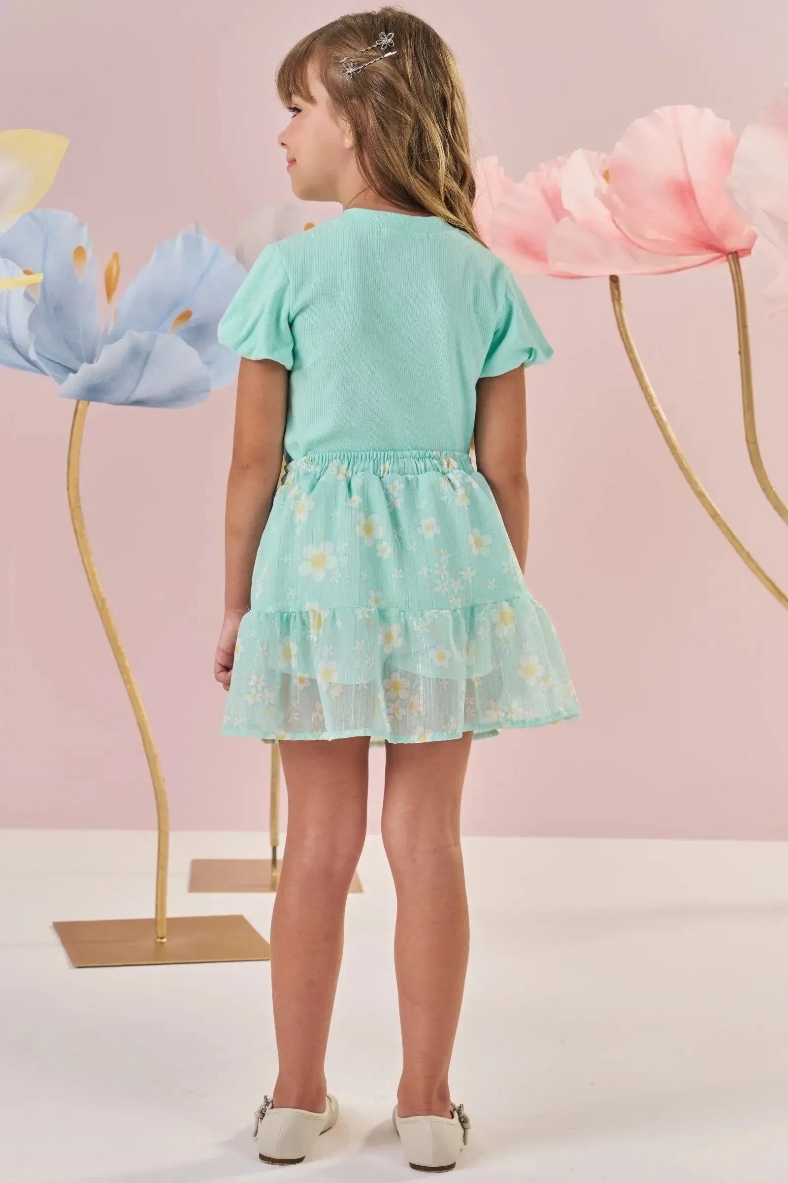 Conjunto de Blusa em Canelado e Saia em Chiffon Brilho com Shorts Embutido 88842 Kukiê Infantil Menina