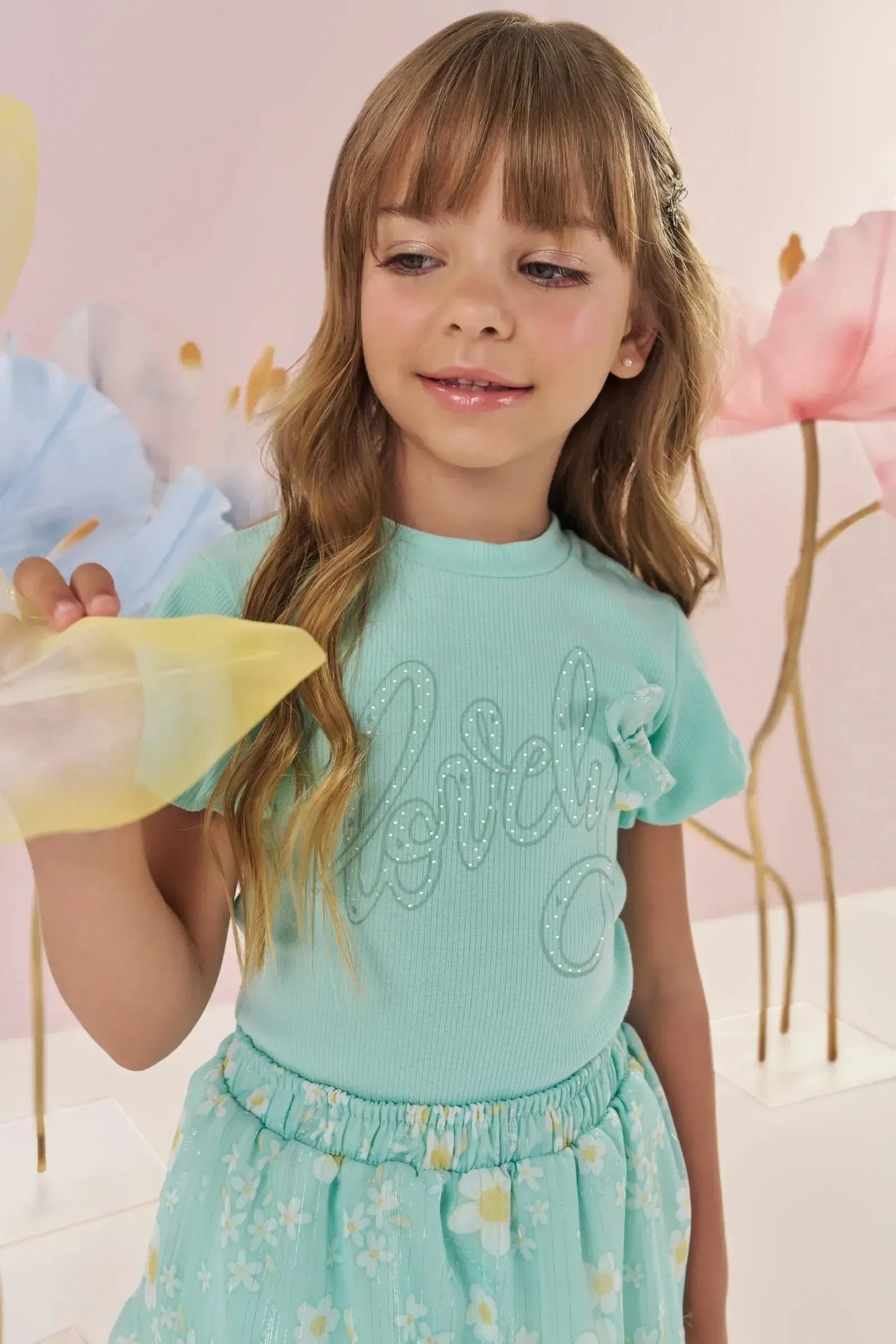 Conjunto de Blusa em Canelado e Saia em Chiffon Brilho com Shorts Embutido 88842 Kukiê Infantil Menina