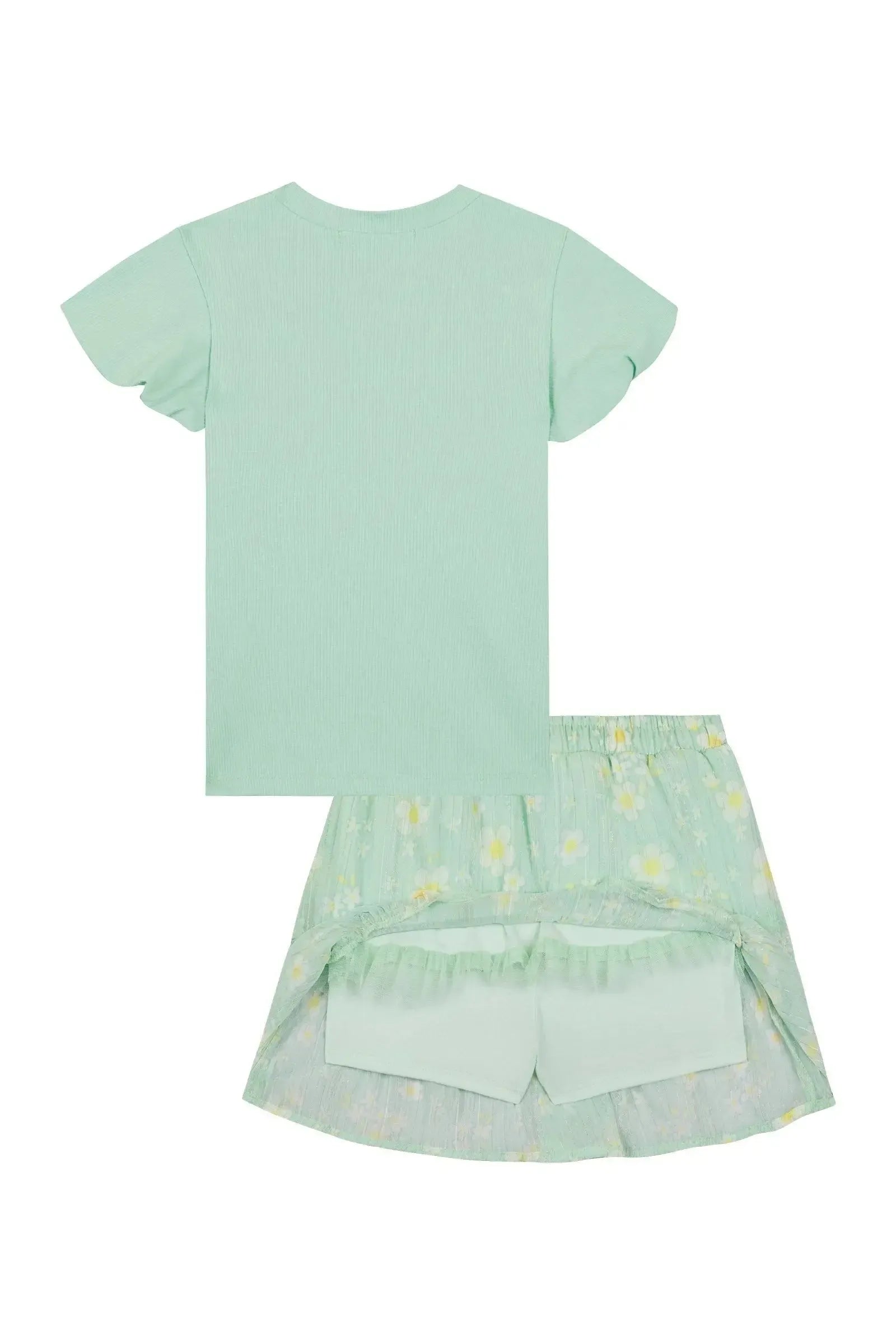 Conjunto de Blusa em Canelado e Saia em Chiffon Brilho com Shorts Embutido 88842 Kukiê Infantil Menina