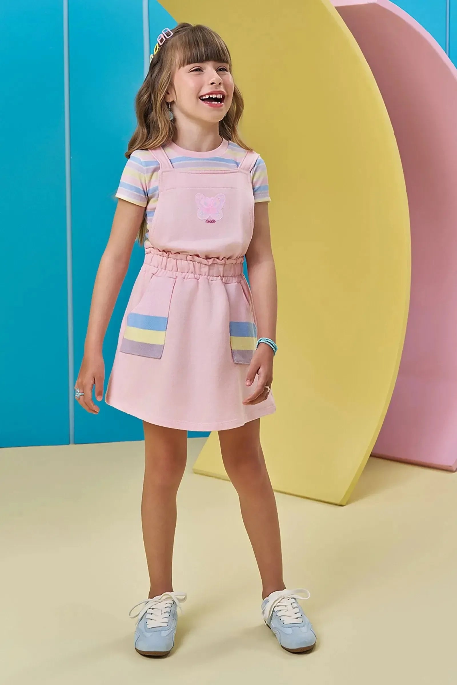 Conjunto de Blusa em Canelado e Salopete em Moletom sem Pelúcia 97145 Kukiê Infantil Menina