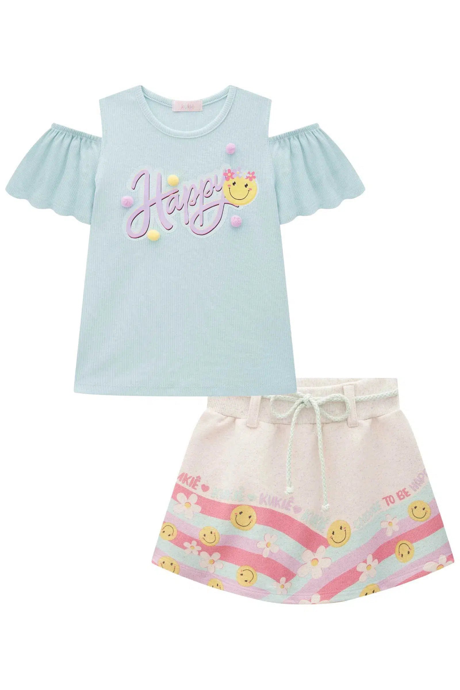 Conjunto Infantil Menina de Blusa em Canelado e Short Saia em Moletom sem Pelúcia 82263 Kukiê