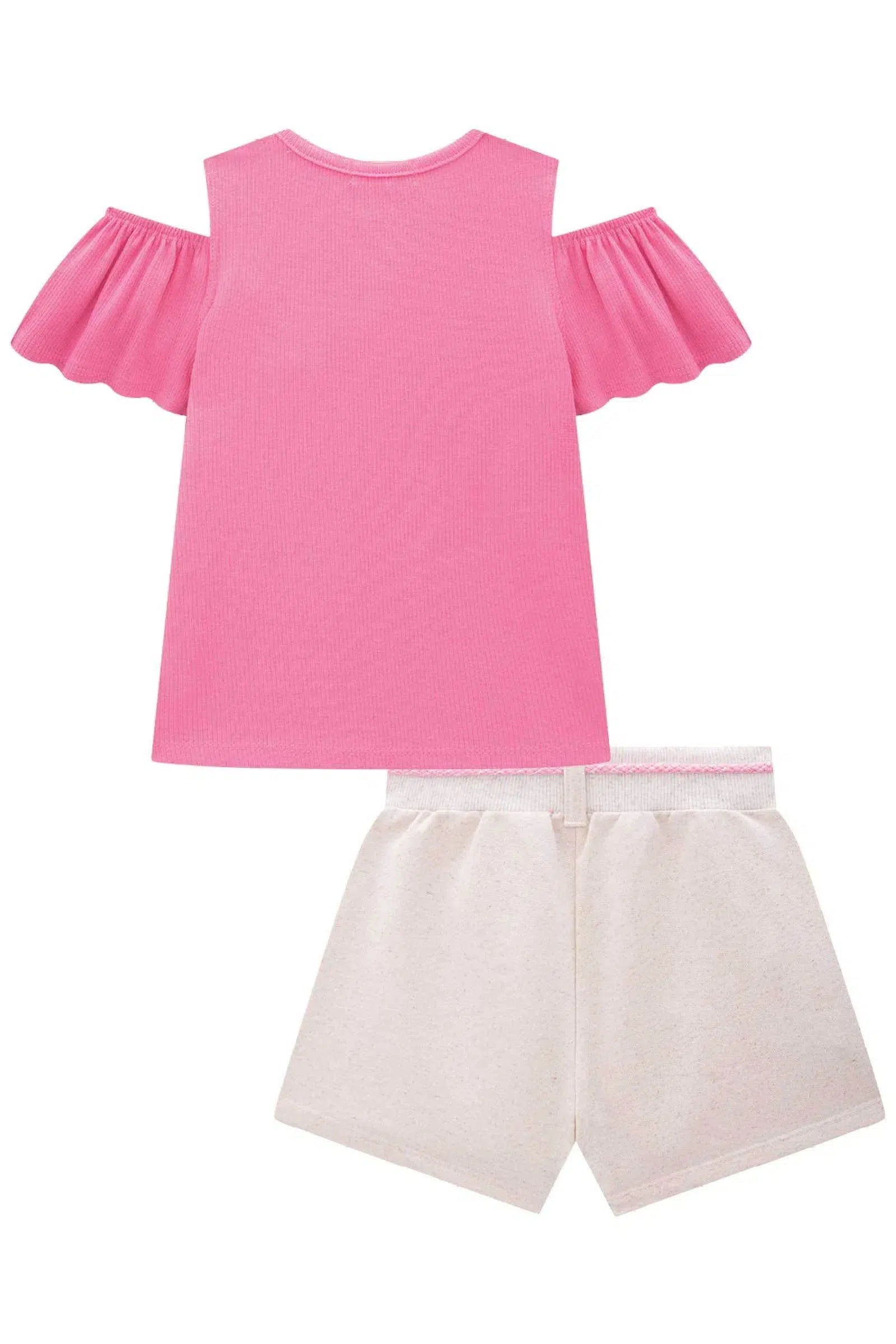 Conjunto Infantil Menina de Blusa em Canelado e Short Saia em Moletom sem Pelúcia 82263 Kukiê