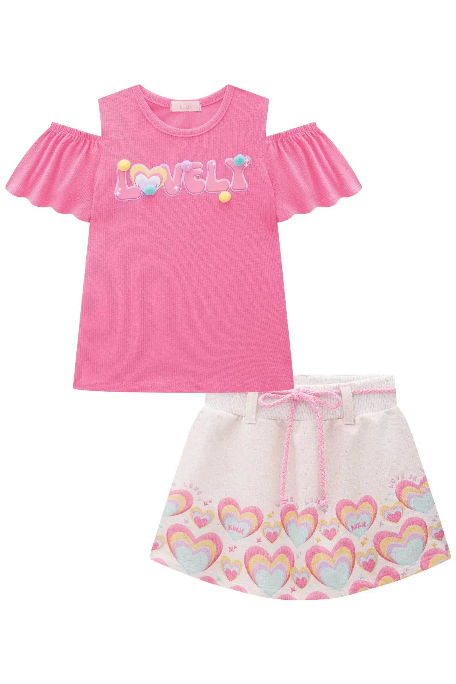 Conjunto Infantil Menina de Blusa em Canelado e Short Saia em Moletom sem Pelúcia 82263 Kukiê